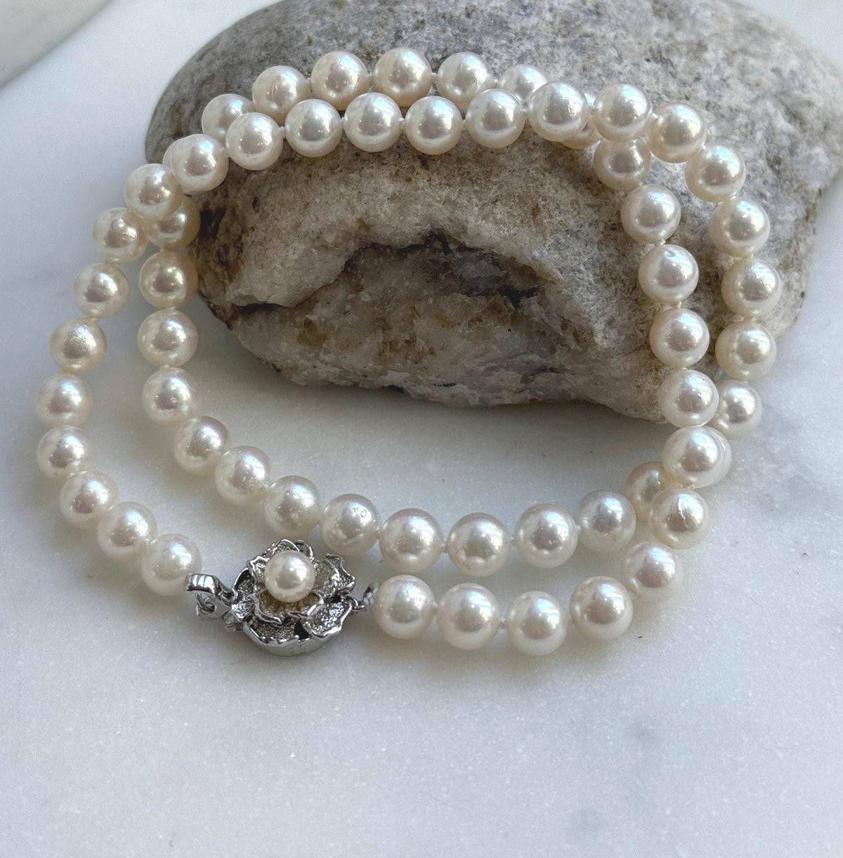 Elly’s 7.1-7.5mm 58pcs Akoya off white ocean pearls necklace:Extreme luster mirrored, knotted, 18.3”, S925 silver necklace strand. gift for her holiday