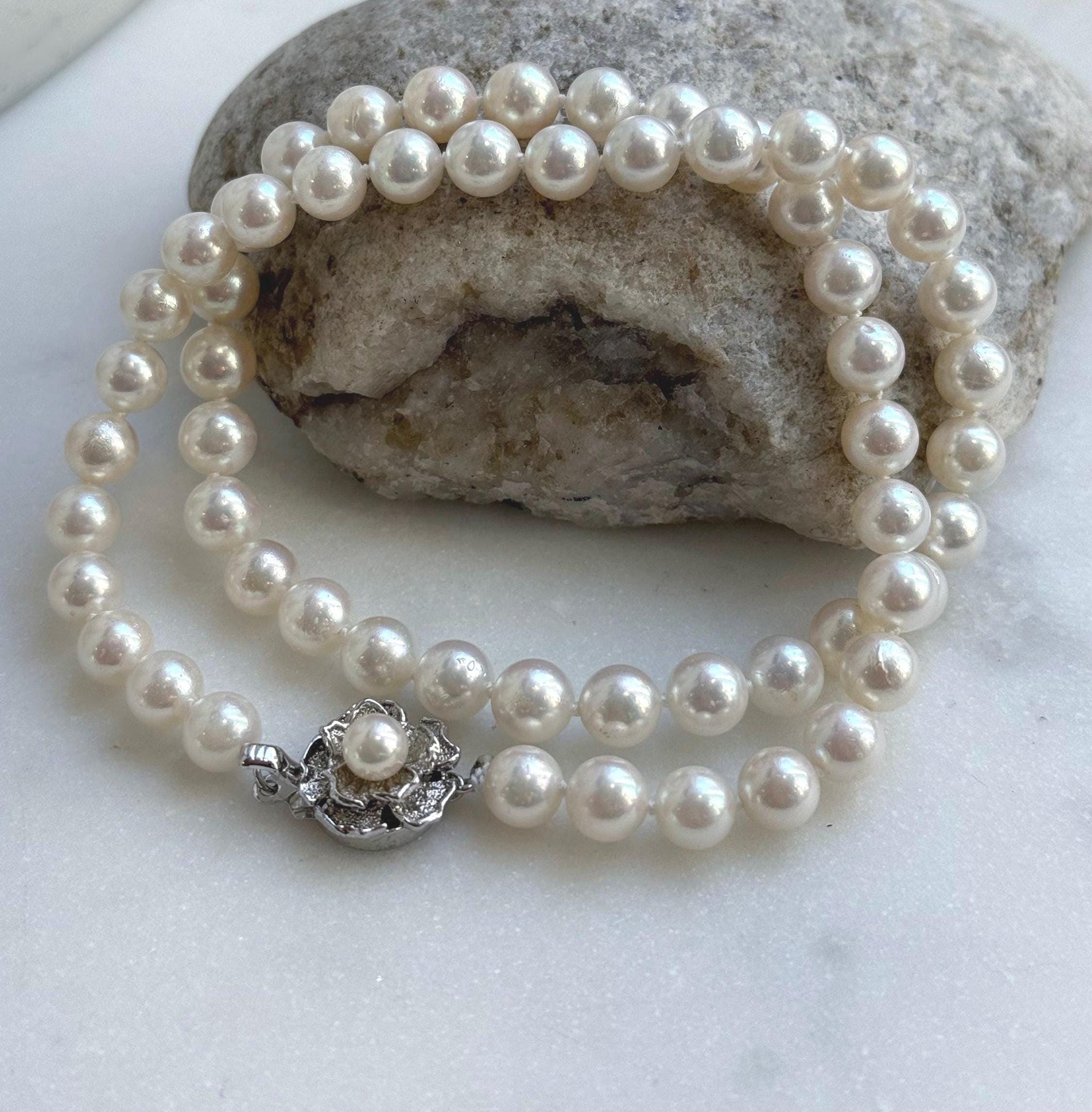 Elly’s 7.1-7.5mm 58pcs Akoya off white ocean pearls necklace:Extreme luster mirrored, knotted, 18.3”, S925 silver necklace strand. gift for her holiday