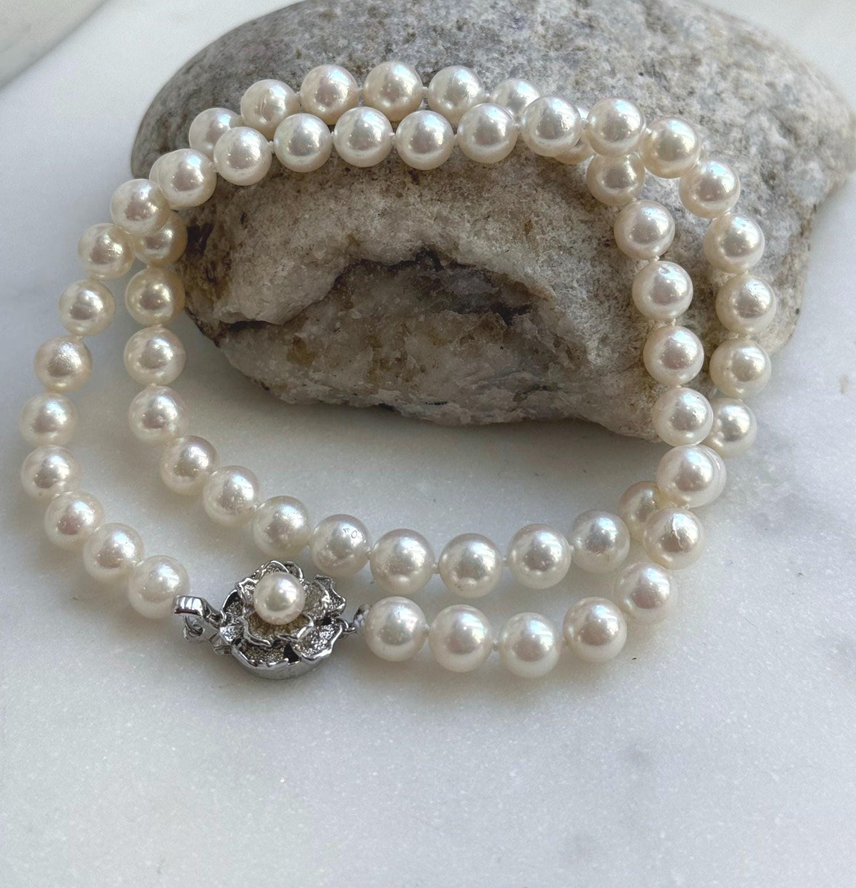 Elly’s 7.1-7.5mm 58pcs Akoya off white ocean pearls necklace:Extreme luster mirrored, knotted, 18.3”, S925 silver necklace strand. gift for her anniversary