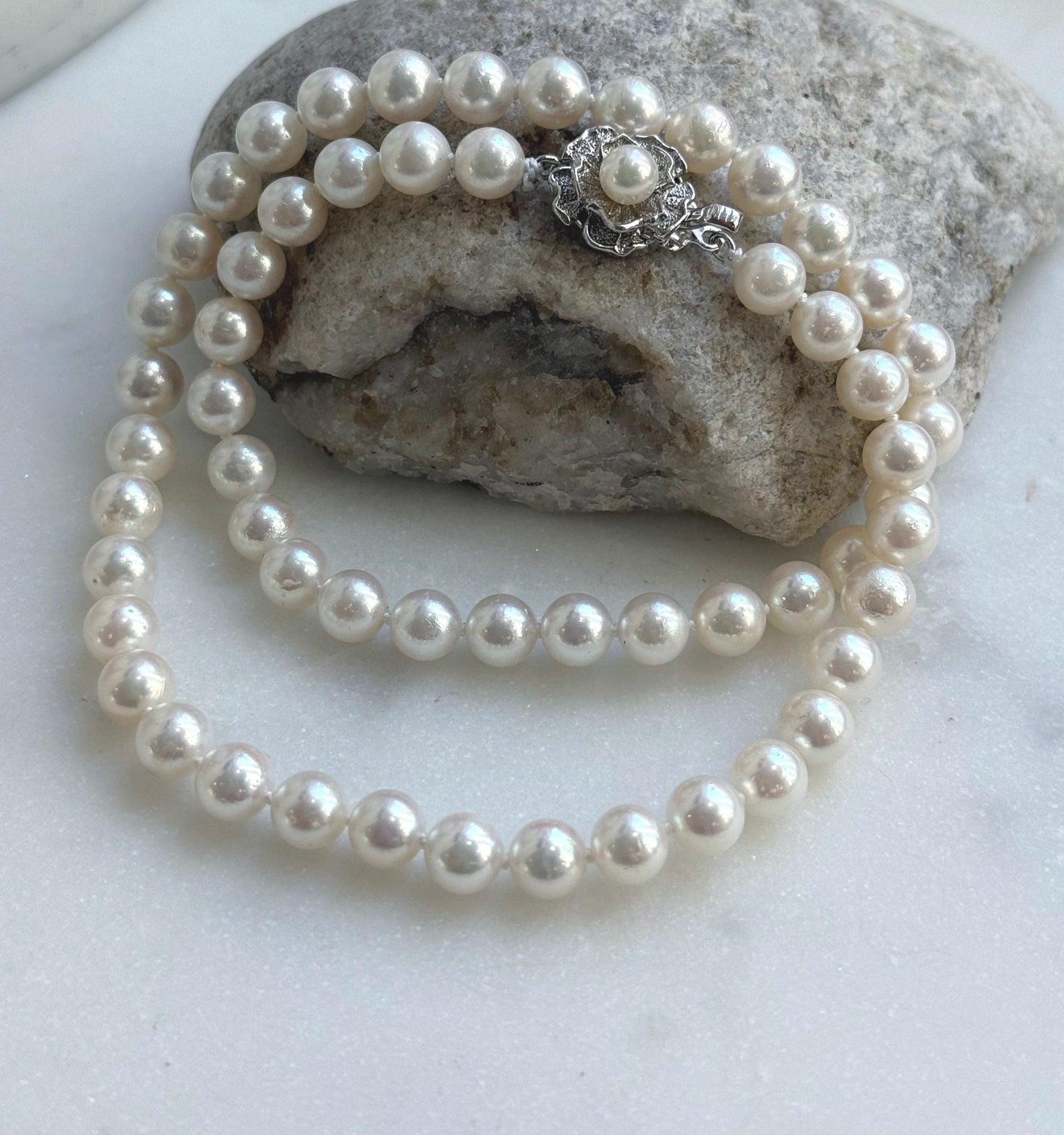 Elly’s 7.1-7.5mm 58pcs Akoya off white ocean pearls necklace:Extreme luster mirrored, knotted, 18.3”, S925 silver necklace strand. gift for her wedding