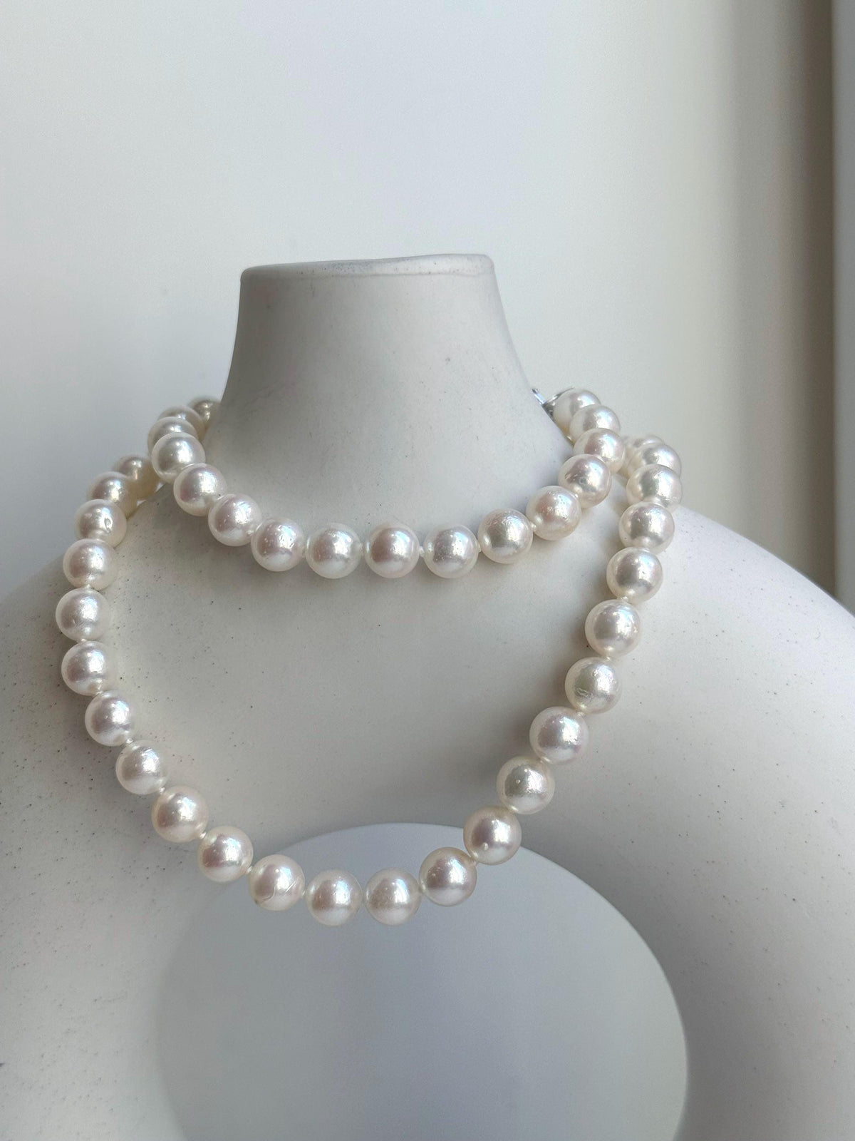 Elly’s 7.1-7.5mm 58pcs Akoya off white ocean pearls necklace:Extreme luster mirrored, knotted, 18.3”, S925 silver necklace strand. gift for her holiday
