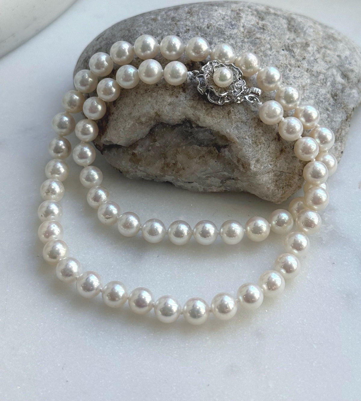 Elly’s 7.1-7.5mm 58pcs Akoya off white ocean pearls necklace:Extreme luster mirrored, knotted, 18.3”, S925 silver necklace strand. gift for her holiday