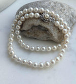Elly’s 7.1-7.5mm 58pcs Akoya off white ocean pearls necklace:Extreme luster mirrored, knotted, 18.3”, S925 silver necklace strand. gift for her holiday