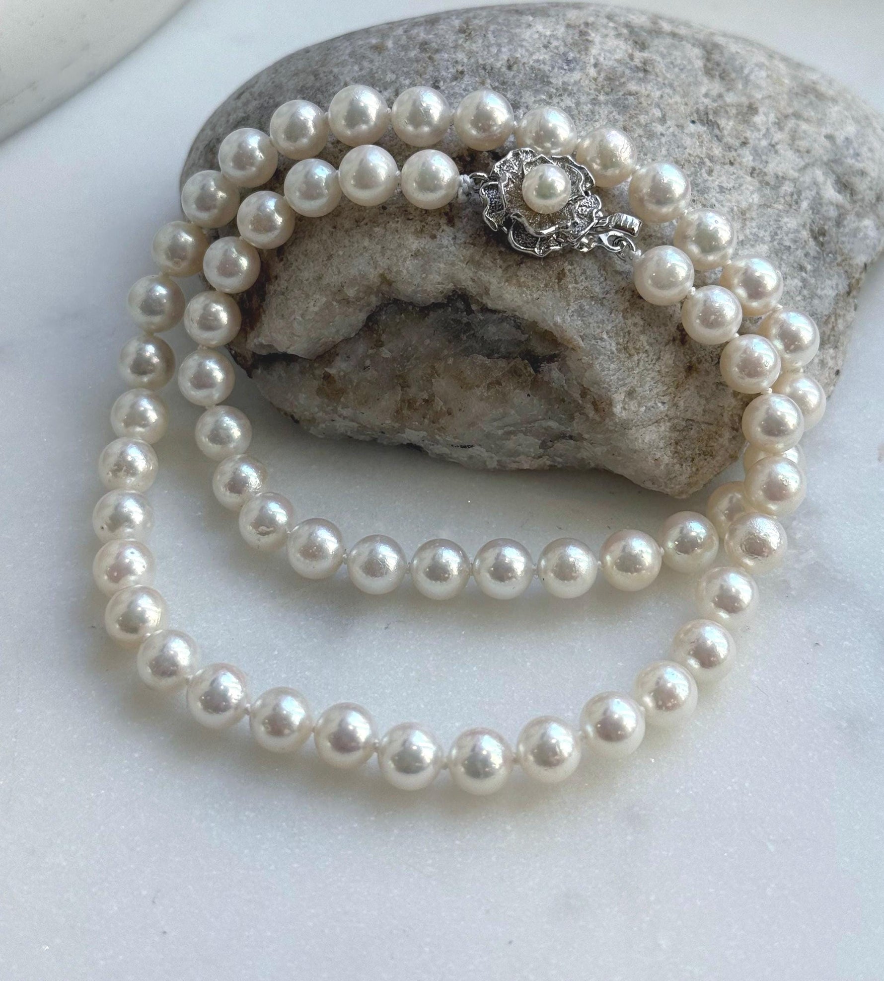 Elly’s 7.1-7.5mm 58pcs Akoya off white ocean pearls necklace:Extreme luster mirrored, knotted, 18.3”, S925 silver necklace strand. gift for her holiday