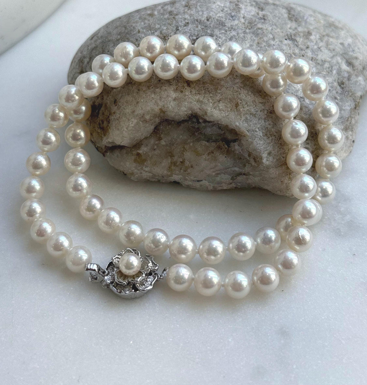 Elly’s 7.1-7.5mm 58pcs Akoya off white ocean pearls necklace:Extreme luster mirrored, knotted, 18.3”, S925 silver necklace strand. gift for her holiday