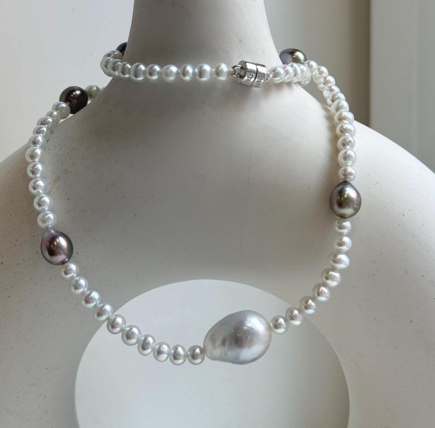 Elly’s Australian white Tahitian ocean pearls necklace: Extreme luster mirrored, to 12.5mm, s925 silver necklace.
