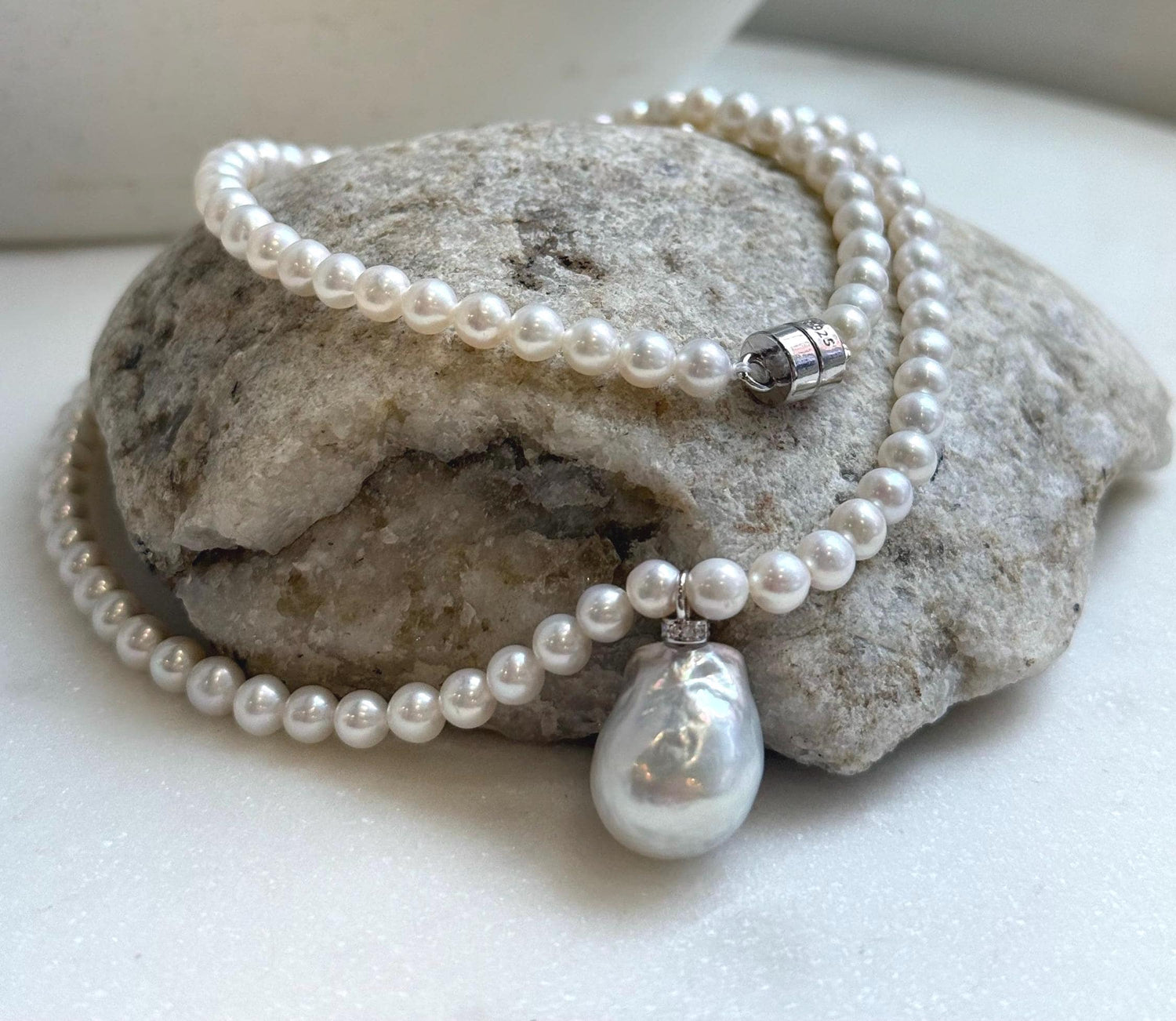 Elly’s Australian white Tahitian ocean Freshwater white pearls necklace: Extreme luster mirrored, 17.9”, s925 silver necklace. high quality pearls necklace strand.