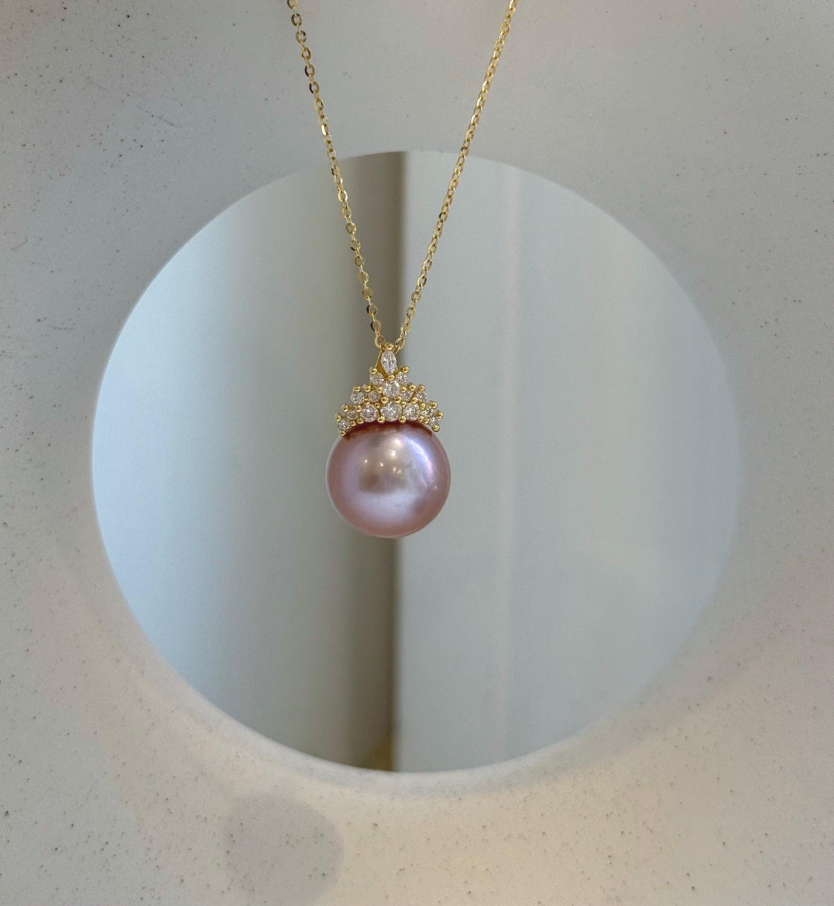 Elly’s Insale 13.7mm rose mauve Edison Pearl pendant: Extreme luster mirrored, 2.2cm S925 silver minimalist pendant chain set. gift for her