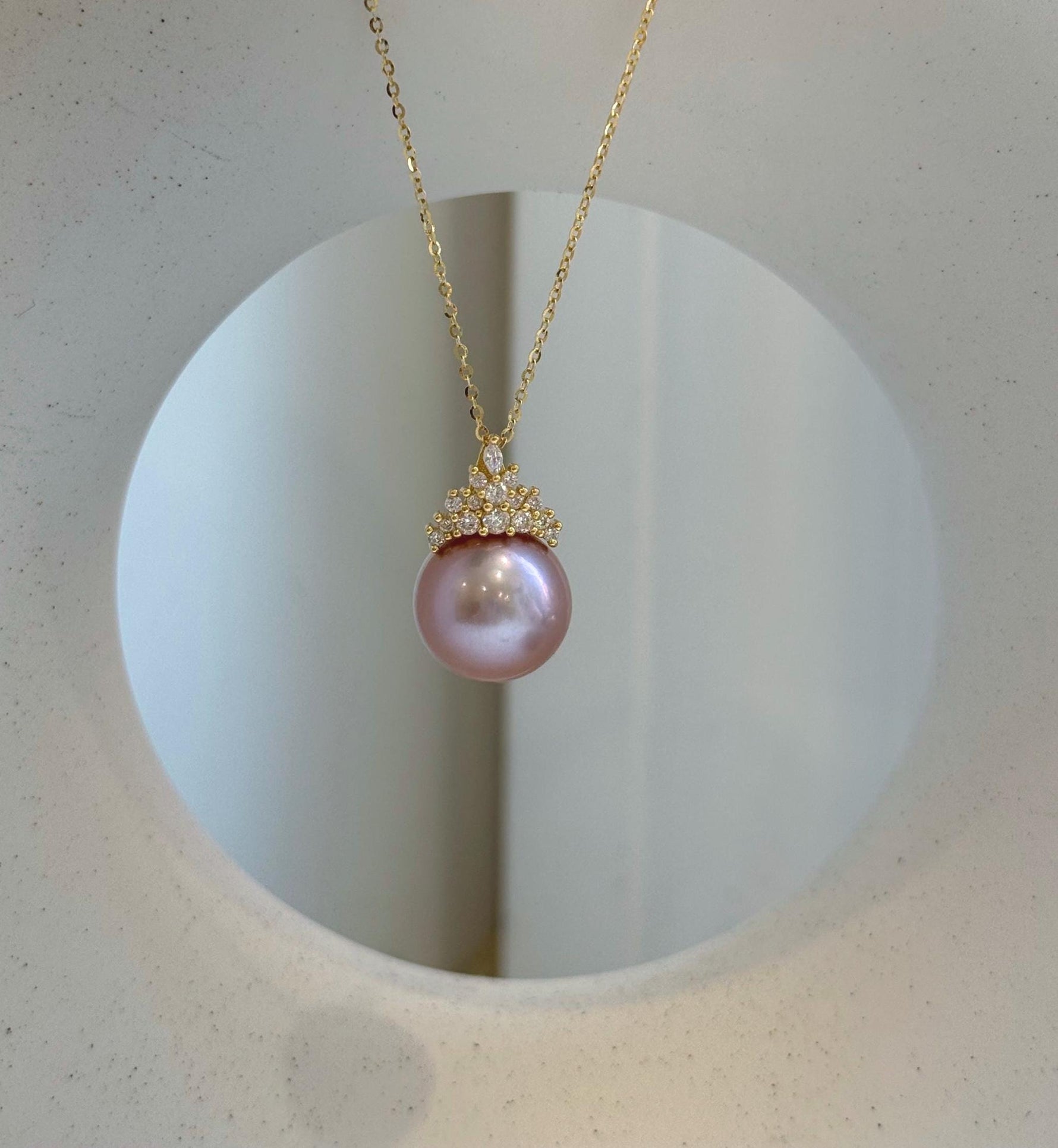 Elly’s Insale 13.7mm rose mauve Edison Pearl pendant: Extreme luster mirrored, 2.2cm S925 silver minimalist pendant chain set. gift for her