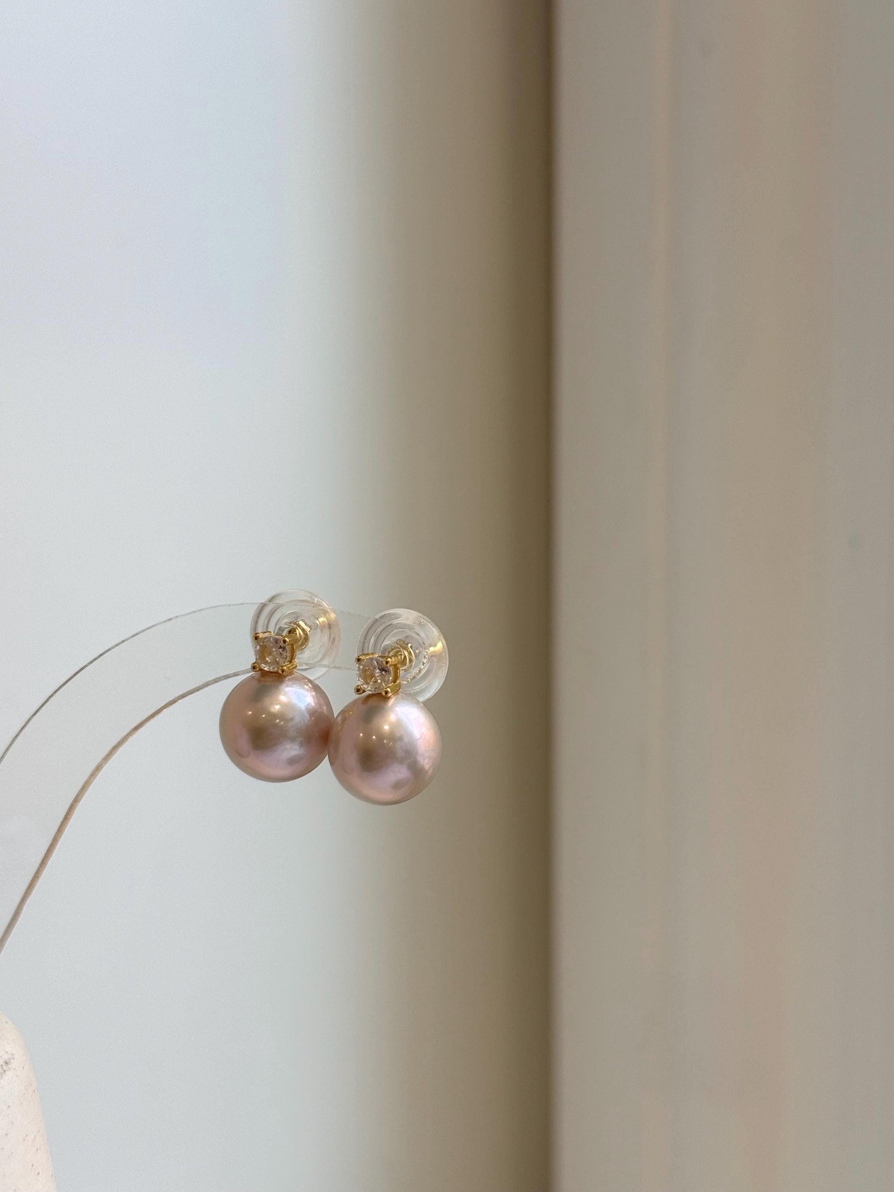 Elly’s 5A 11.4mm Edison Rose Pearls Earrings studs: Extreme luster Mirrored, S925 silver Classic earrings studs with zircon. gift for her