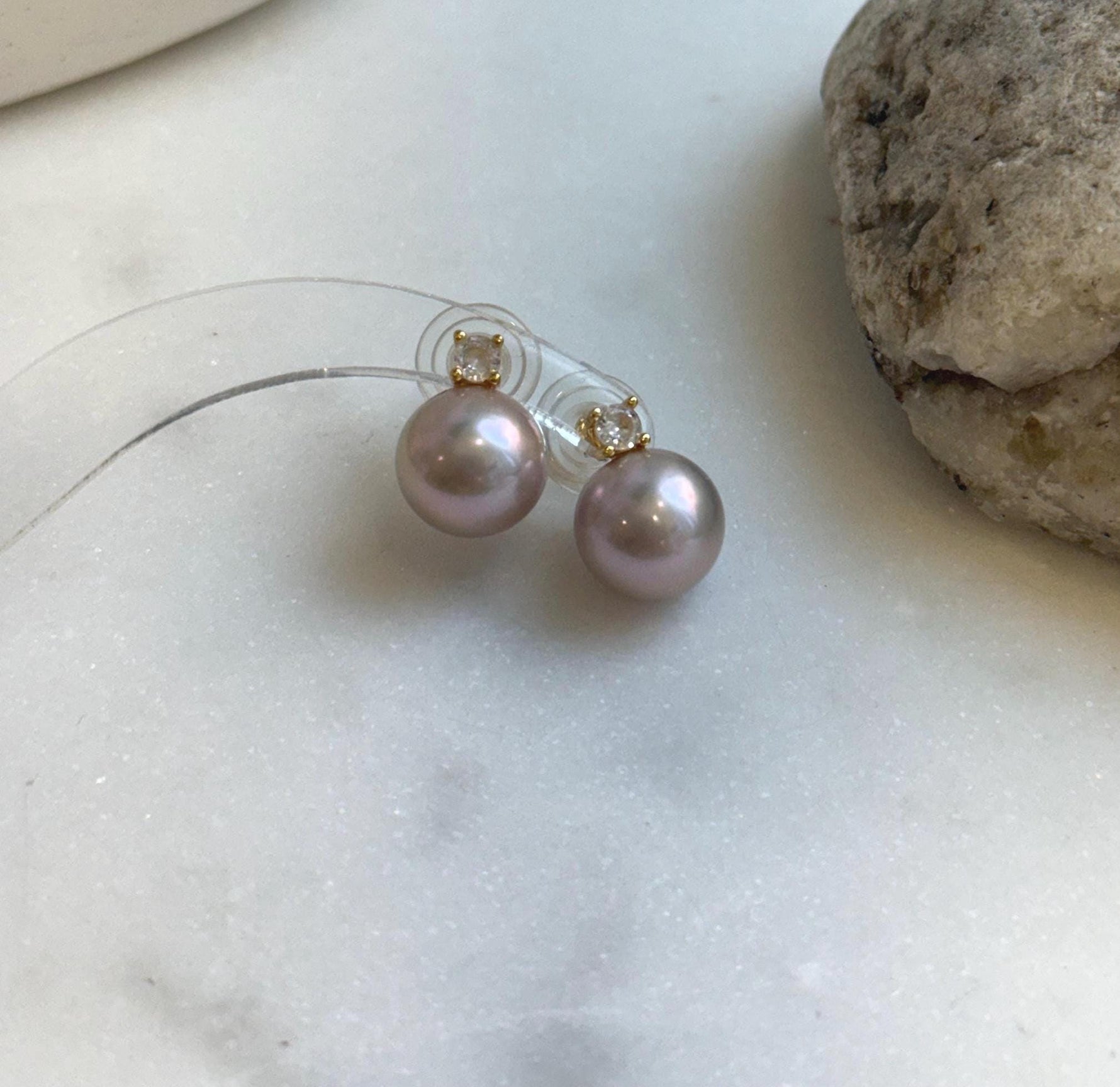 Elly’s 5A 11.4mm Edison Rose Pearls Earrings studs: Extreme luster Mirrored, S925 silver Classic earrings studs with zircon. gift for her