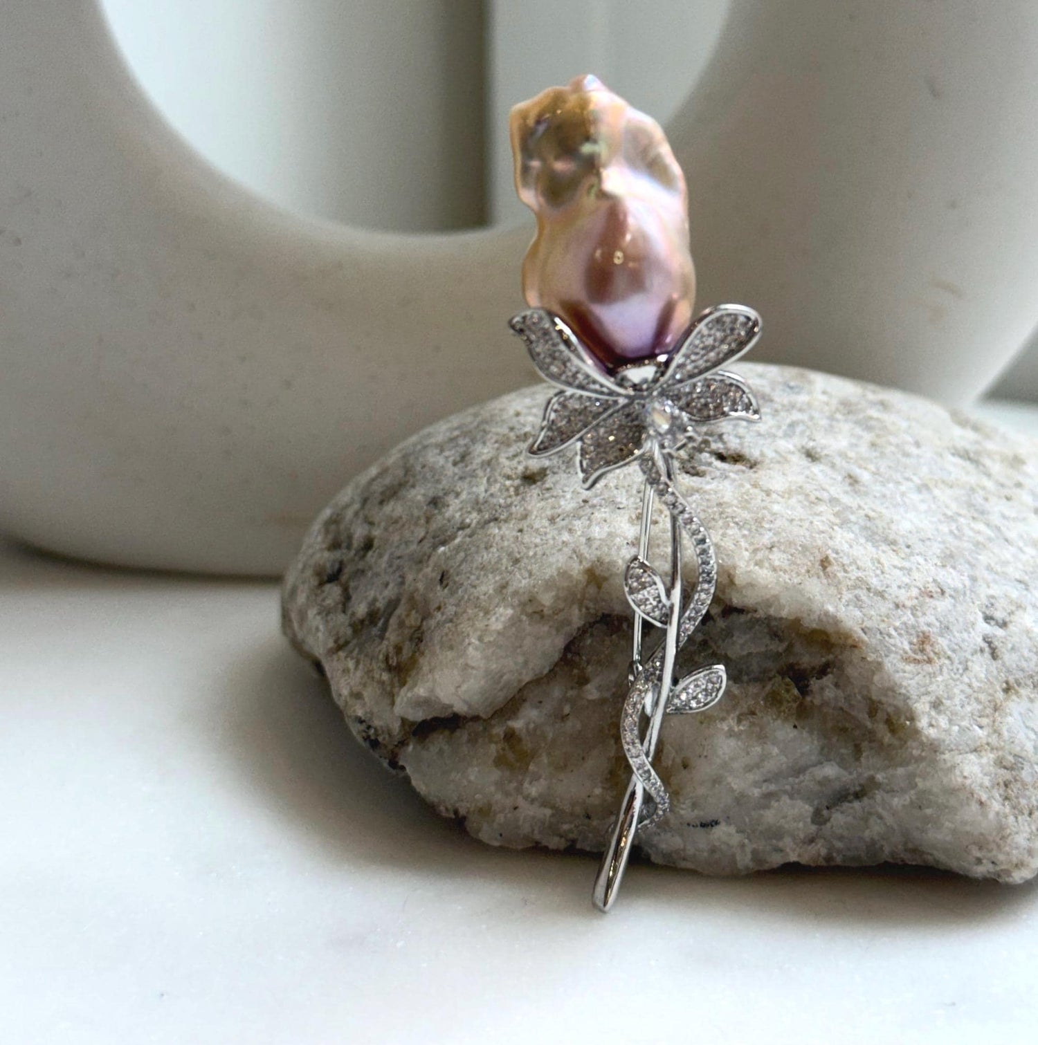 Elly’s Ivory Rose iridescent Freshwater baroque Pearl Floral Brooch pendant 2in1: Extreme luster mirrored, to 24mm, 2.2x7.2cm, gift for her