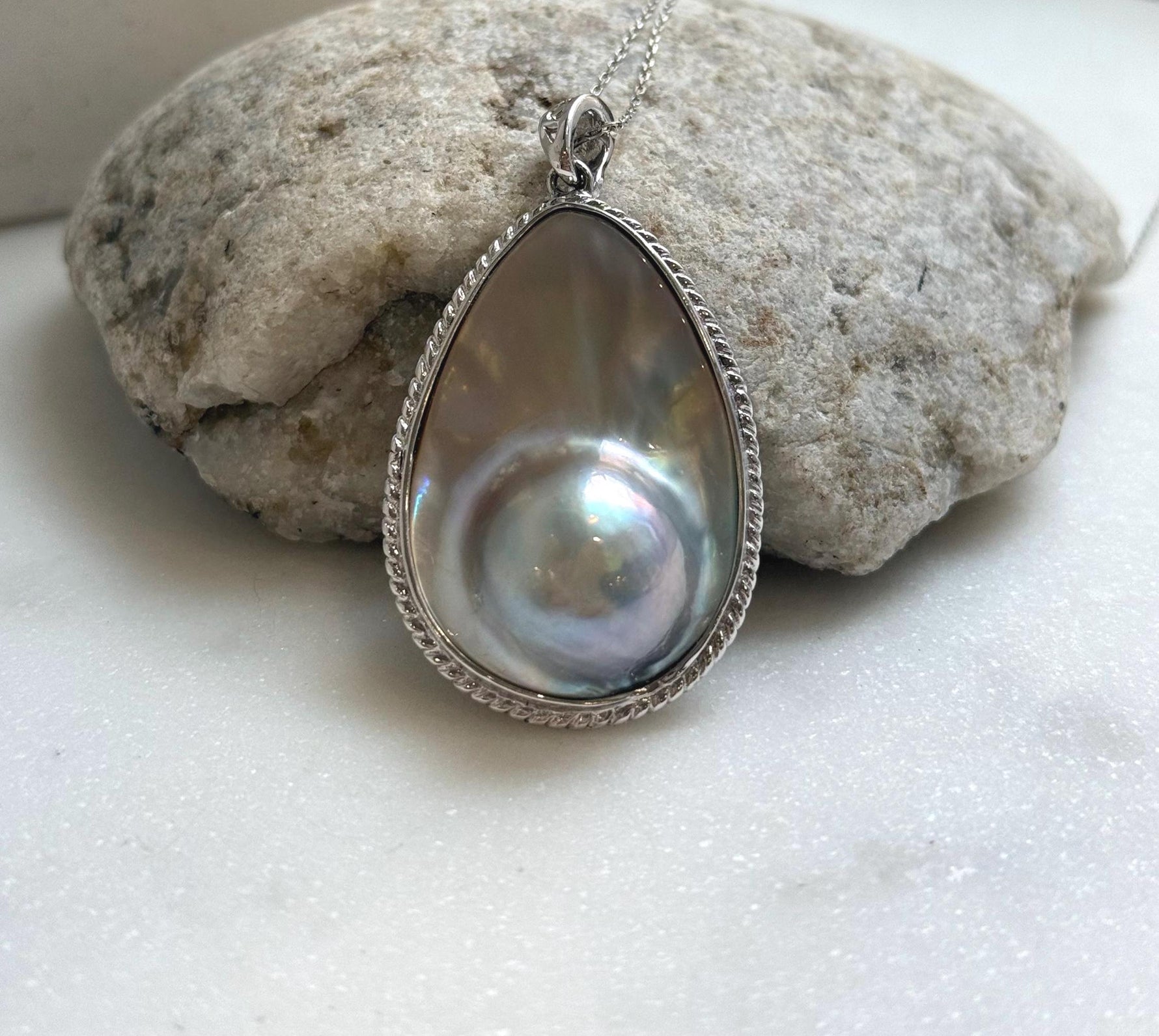 Elly’s 24.1x36mm silver blue iridescent Ocean Drop Mabe Pearl Pendant: Extreme luster mirrored, S925 Silver base pendant Set. daily office ocean Mabe Pearl high quality pendant