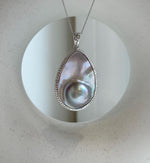 Elly’s 24.1x36mm silver blue iridescent Ocean Drop Mabe Pearl Pendant: Extreme luster mirrored, S925 Silver base pendant Set. daily office ocean Mabe Pearl high quality pendant