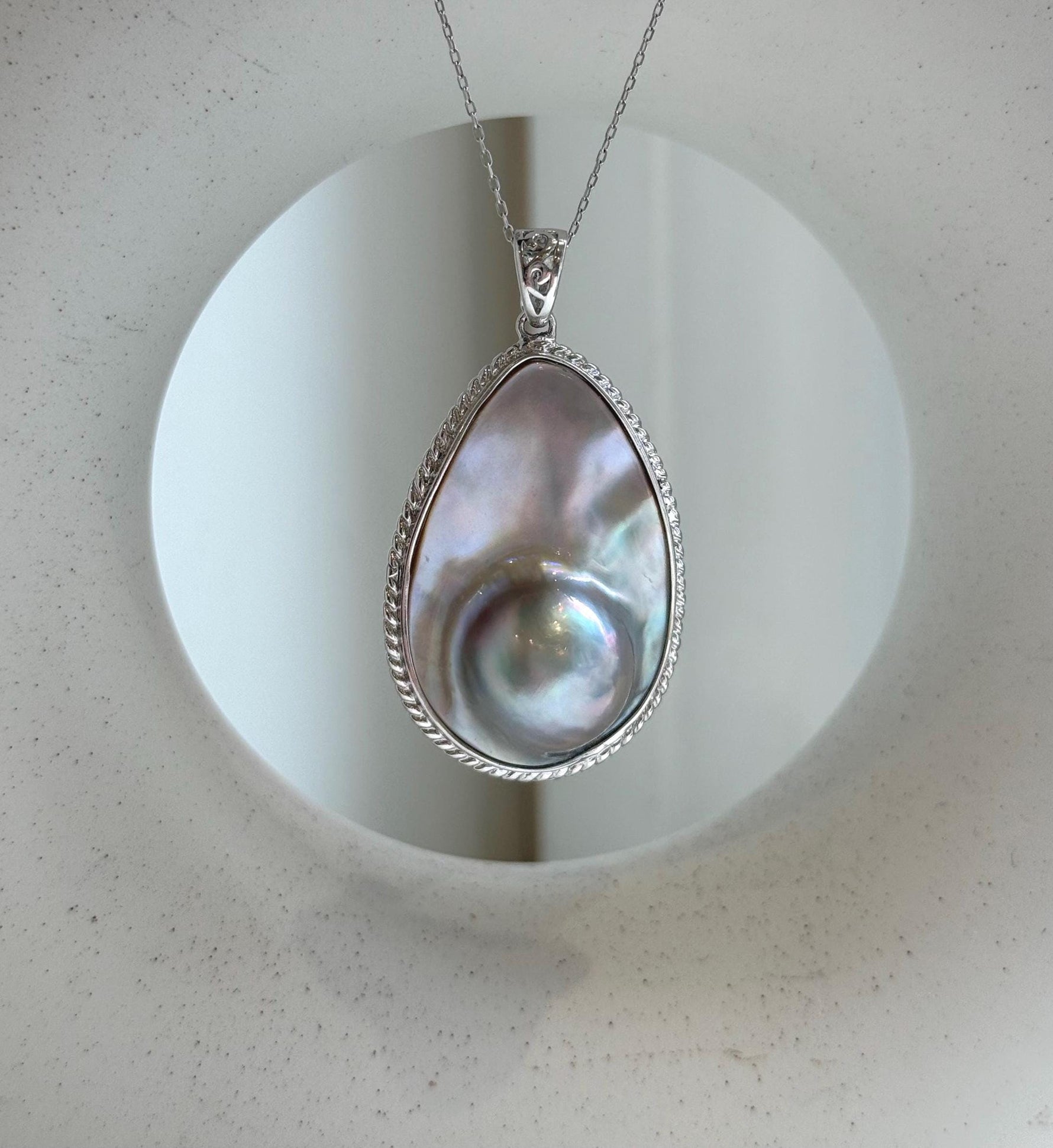 Elly’s 24.1x36mm silver blue iridescent Ocean Drop Mabe Pearl Pendant: Extreme luster mirrored, S925 Silver base pendant Set. daily office ocean Mabe Pearl high quality pendant