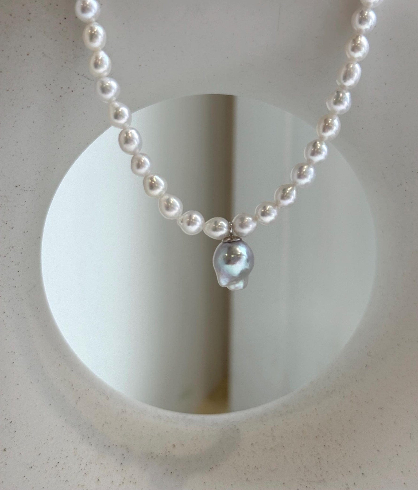 Elly’s Blue silver Akoya ocean Freshwater white pearls necklace: Extreme luster mirrored, 17.4”, s925 silver necklace. gift for her