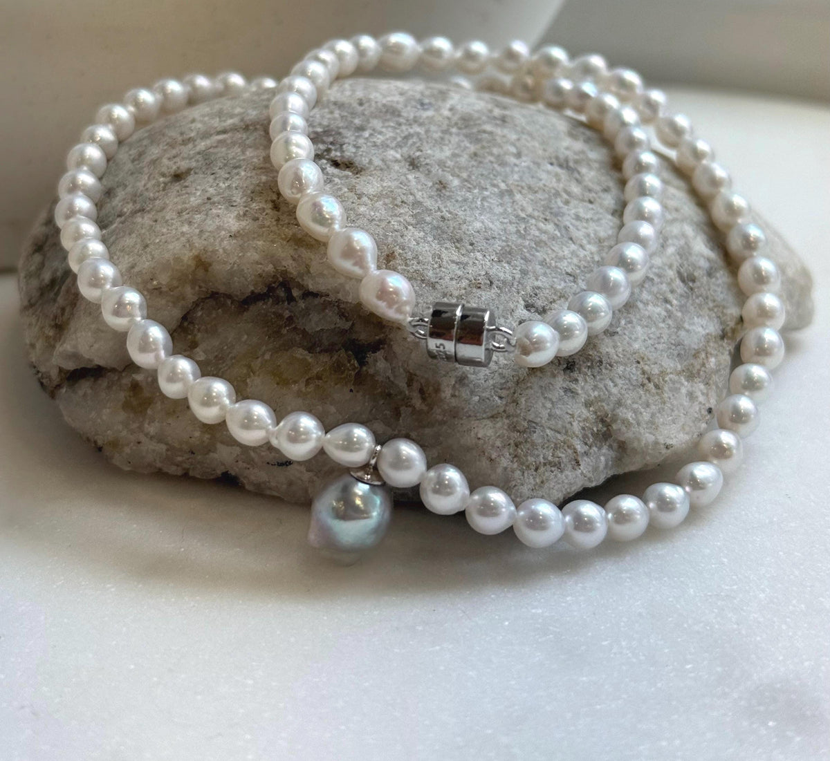 Elly’s Blue silver Akoya ocean Freshwater white pearls necklace: Extreme luster mirrored, 17.4”, s925 silver necklace. gift for her birthday