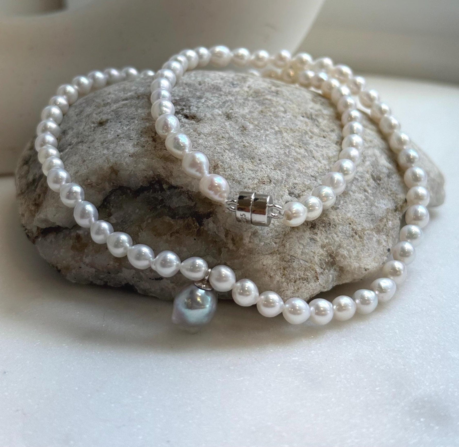 Elly’s Blue silver Akoya ocean Freshwater white pearls necklace: Extreme luster mirrored, 17.4”, s925 silver necklace. gift for her daily office pearl necklace strand