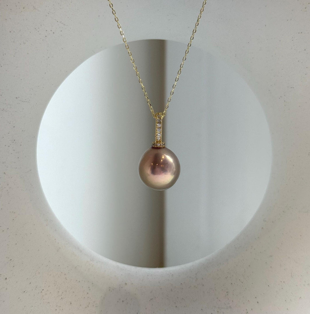 Elly’s 12.6mm Edison Metallic rose gold Pearl Pendant: Extreme luster mirrored, 2.3cm, s925 silver minimalist pendant necklace set.daily office pearl pendant