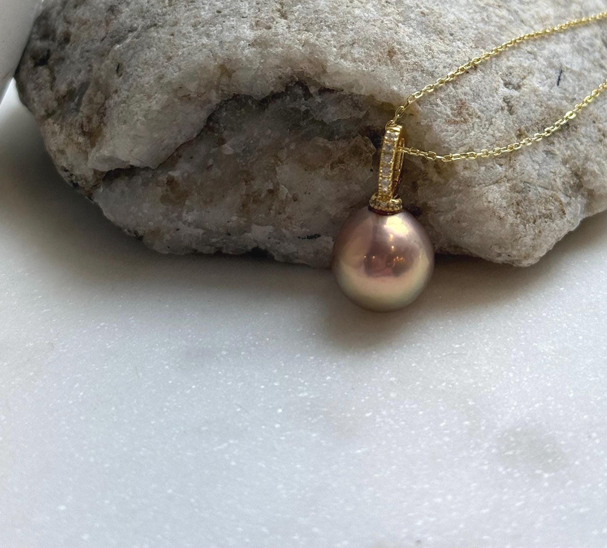 Elly’s 12.6mm Edison Metallic rose gold Pearl Pendant: Extreme luster mirrored, 2.3cm, s925 silver minimalist pendant necklace set.daily office pearl pendant