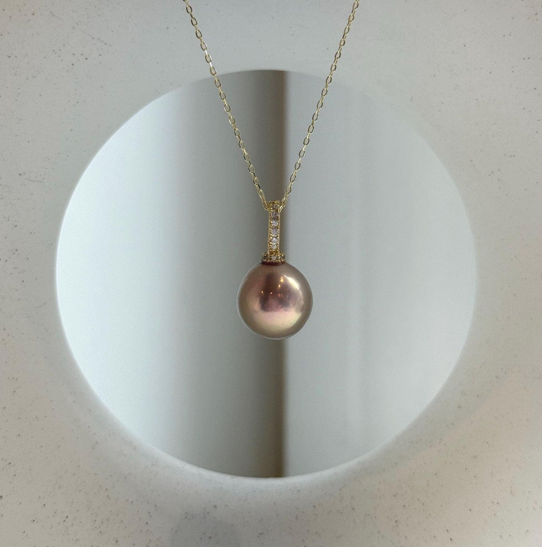 Elly’s 12.6mm Edison Metallic rose gold Pearl Pendant: Extreme luster mirrored, 2.3cm, s925 silver minimalist pendant necklace set.daily office pearl pendant
