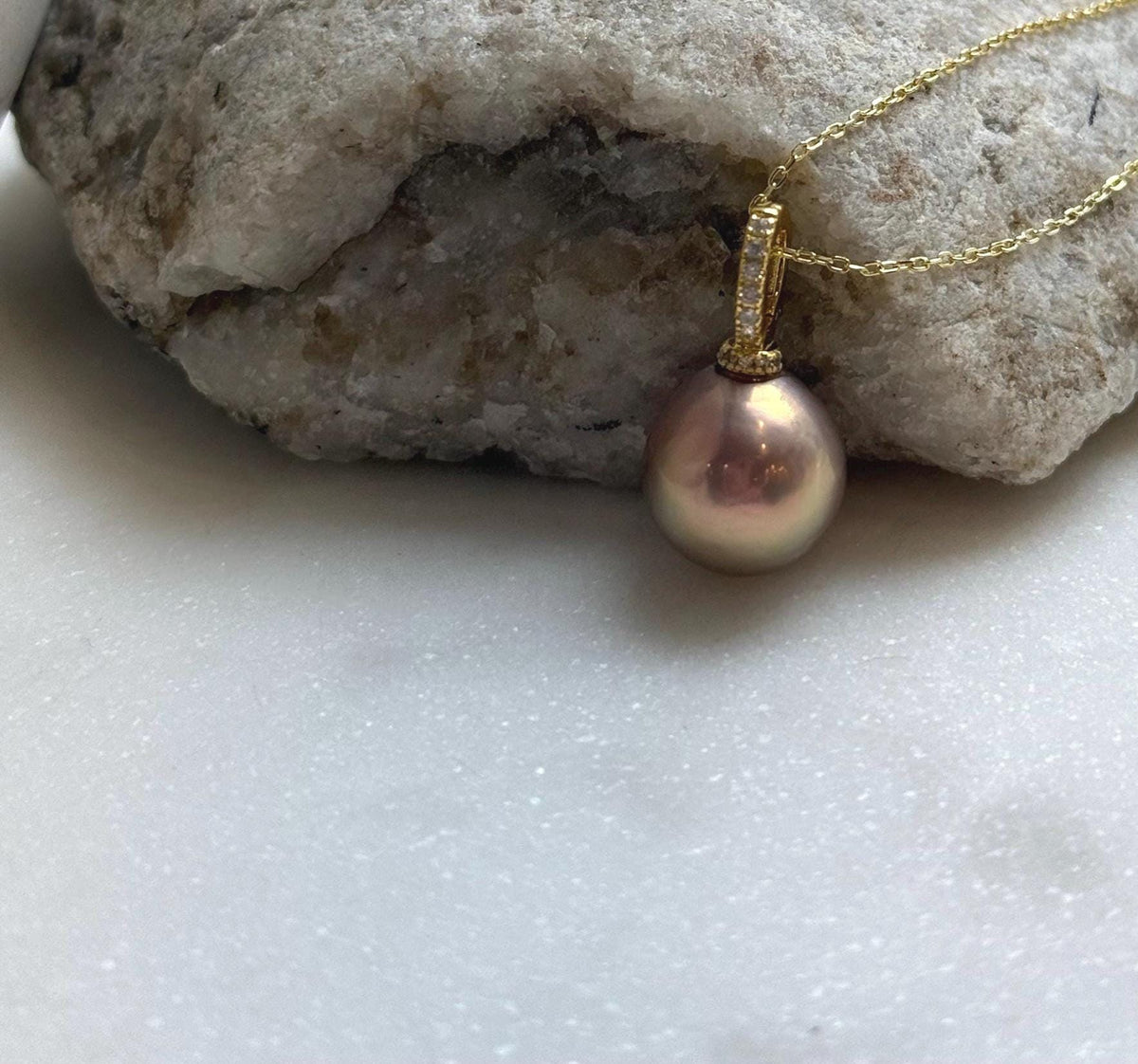 Elly’s 12.6mm Edison Metallic rose gold Pearl Pendant: Extreme luster mirrored, 2.3cm, s925 silver minimalist pendant necklace set.daily office pearl pendant