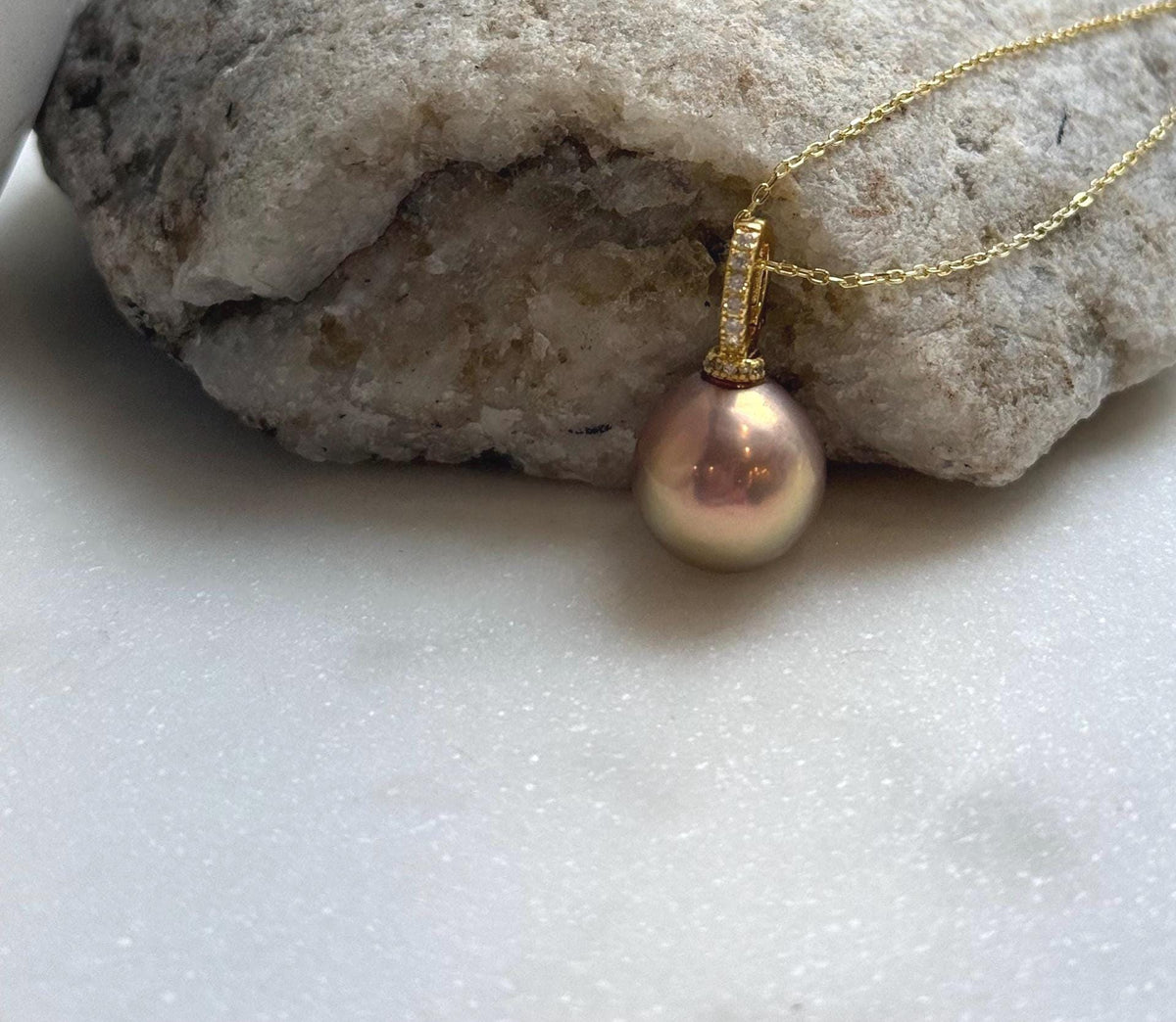 Elly’s 12.6mm Edison Metallic rose gold Pearl Pendant: Extreme luster mirrored, 2.3cm, s925 silver minimalist pendant necklace set.daily office pearl pendant