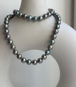 Elly’s 7-7.5mm 57pcs Akoya peacock green ocean pearls necklace:Extreme luster mirrored, knotted, 18.1”, S925 silver necklace strand. gift for her birthday