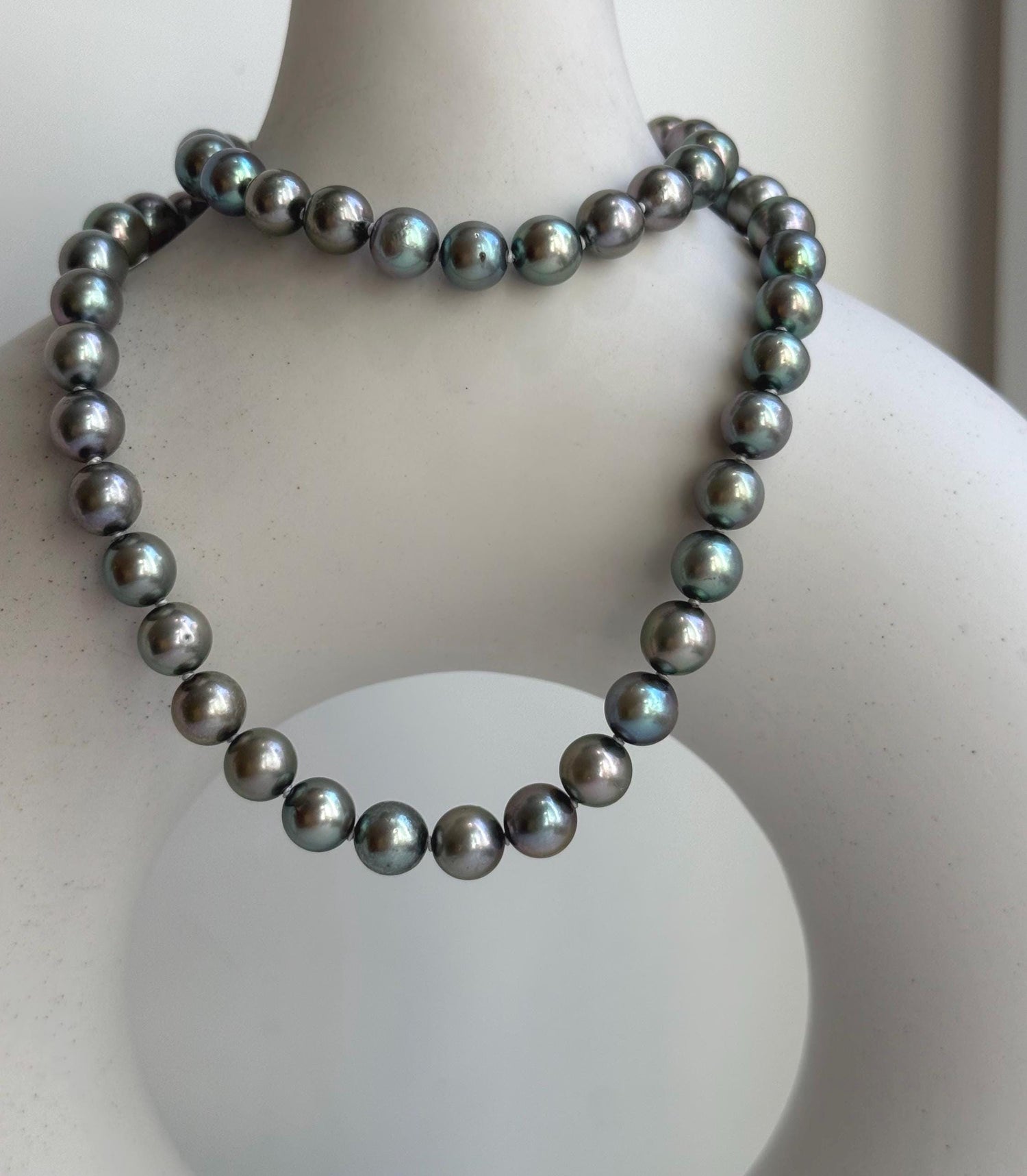 Elly’s 7-7.5mm 57pcs Akoya peacock green ocean pearls necklace:Extreme luster mirrored, knotted, 18.1”, S925 silver necklace strand. gift for her birthday