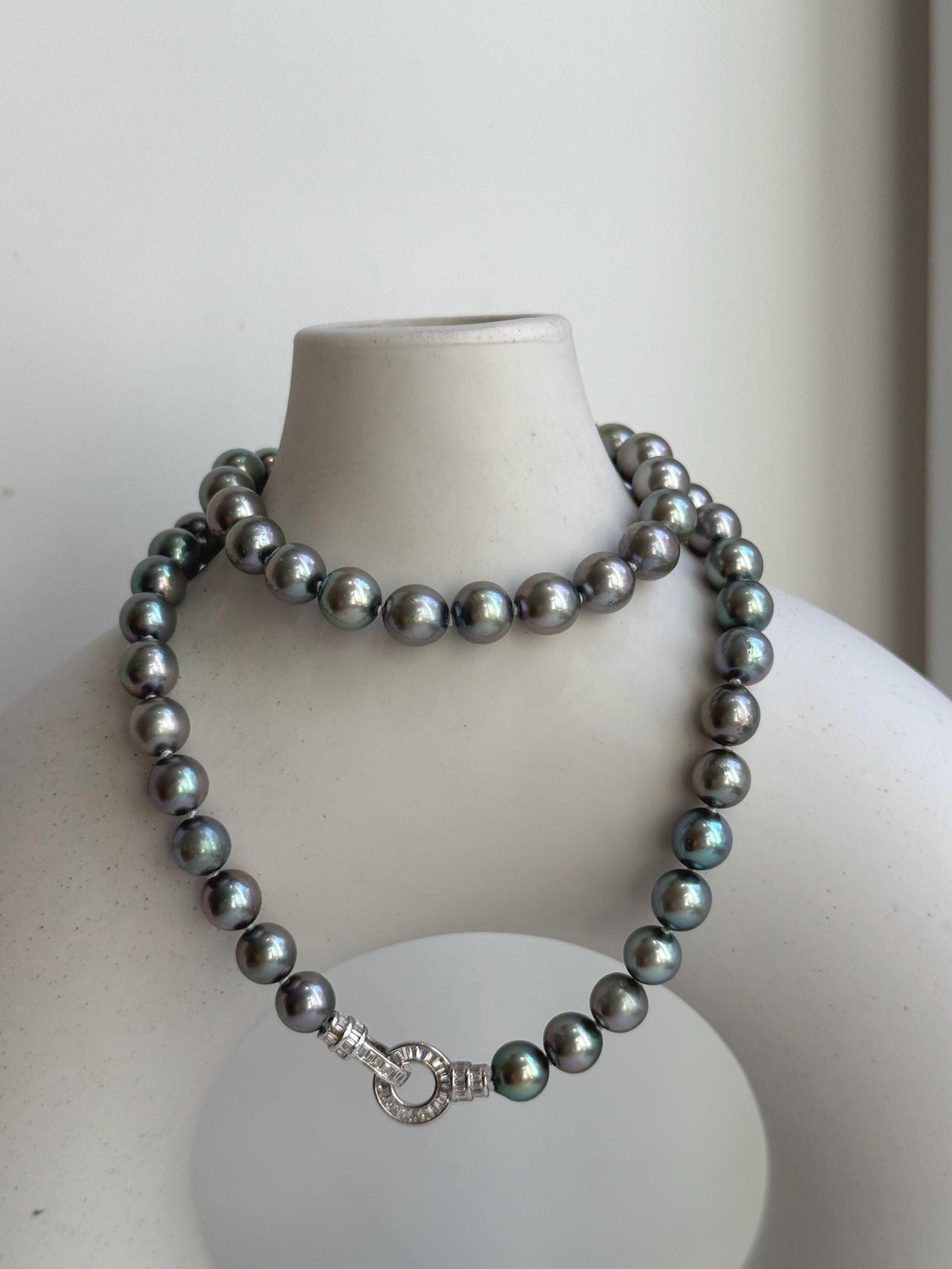 Elly’s 7-7.5mm 57pcs Akoya peacock green ocean pearls necklace:Extreme luster mirrored, knotted, 18.1”, S925 silver necklace strand. gift for her anniversary