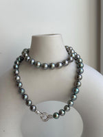 Elly’s 7-7.5mm 57pcs Akoya peacock green ocean pearls necklace:Extreme luster mirrored, knotted, 18.1”, S925 silver necklace strand. gift for her anniversary