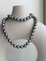 Elly’s 7-7.5mm 57pcs Akoya peacock green ocean pearls necklace:Extreme luster mirrored, knotted, 18.1”, S925 silver necklace strand. gift for her daily office necklace
