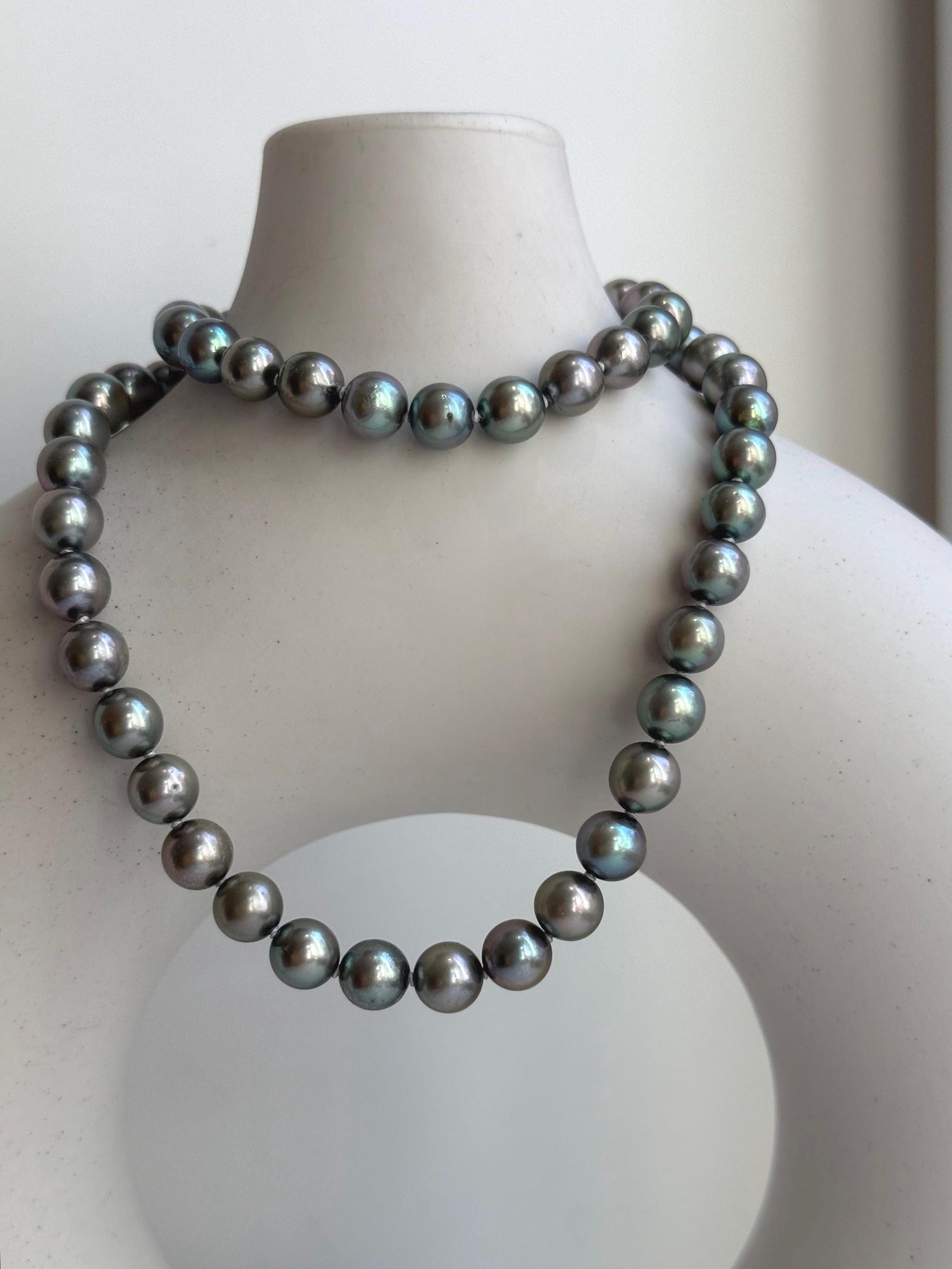 Elly’s 7-7.5mm 57pcs Akoya peacock green ocean pearls necklace:Extreme luster mirrored, knotted, 18.1”, S925 silver necklace strand. gift for her daily office necklace
