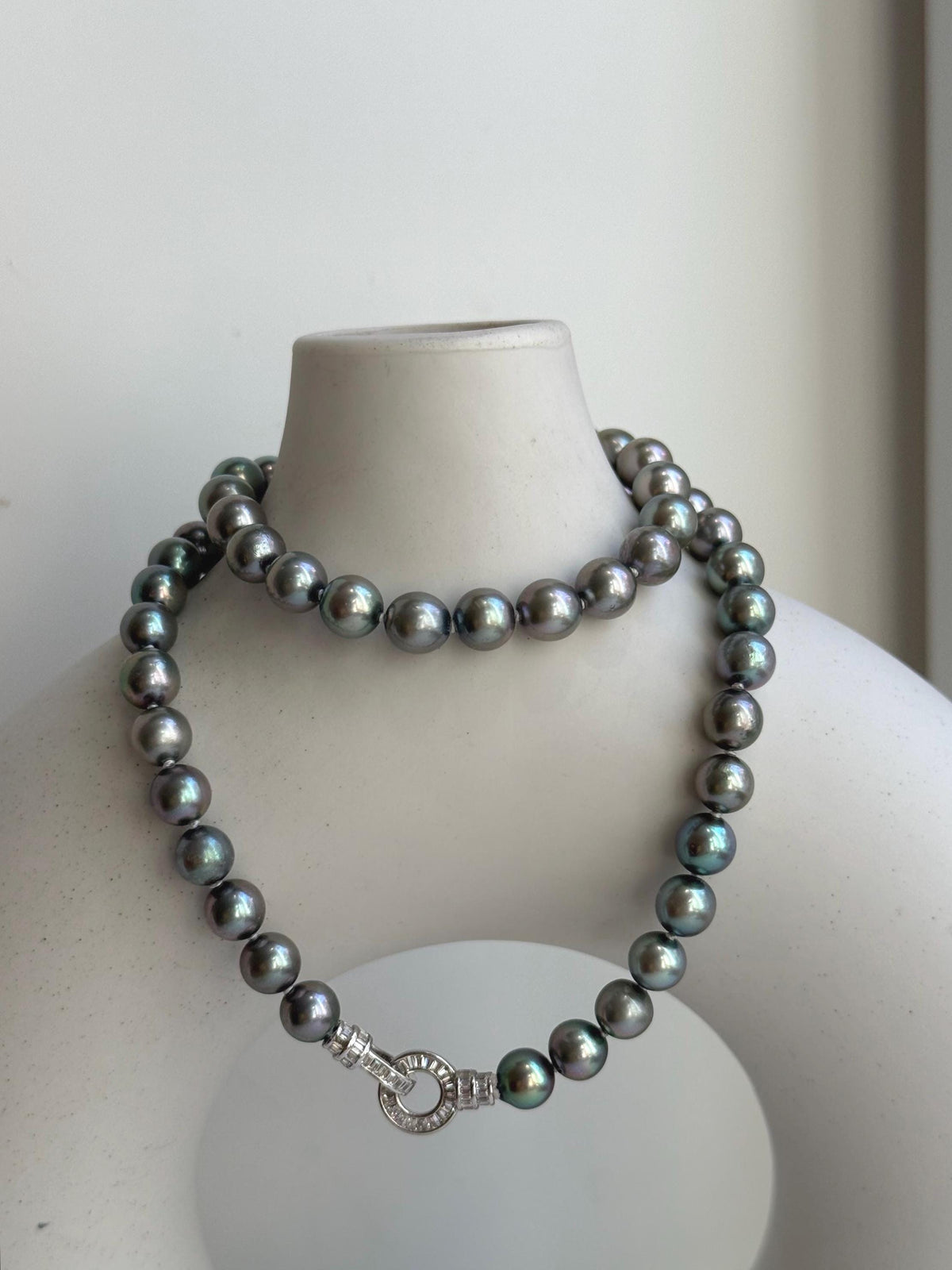 Elly’s 7-7.5mm 57pcs Akoya peacock green ocean pearls necklace:Extreme luster mirrored, knotted, 18.1”, S925 silver necklace strand. gift for her