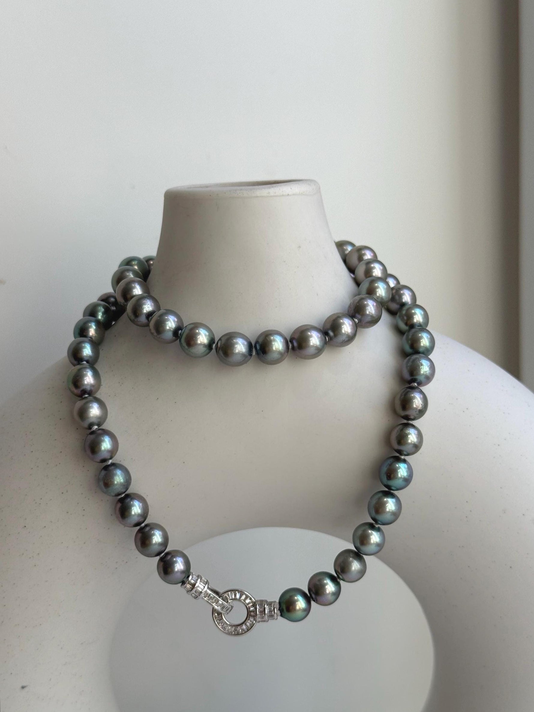 Elly’s 7-7.5mm 57pcs Akoya peacock green ocean pearls necklace:Extreme luster mirrored, knotted, 18.1”, S925 silver necklace strand. gift for her