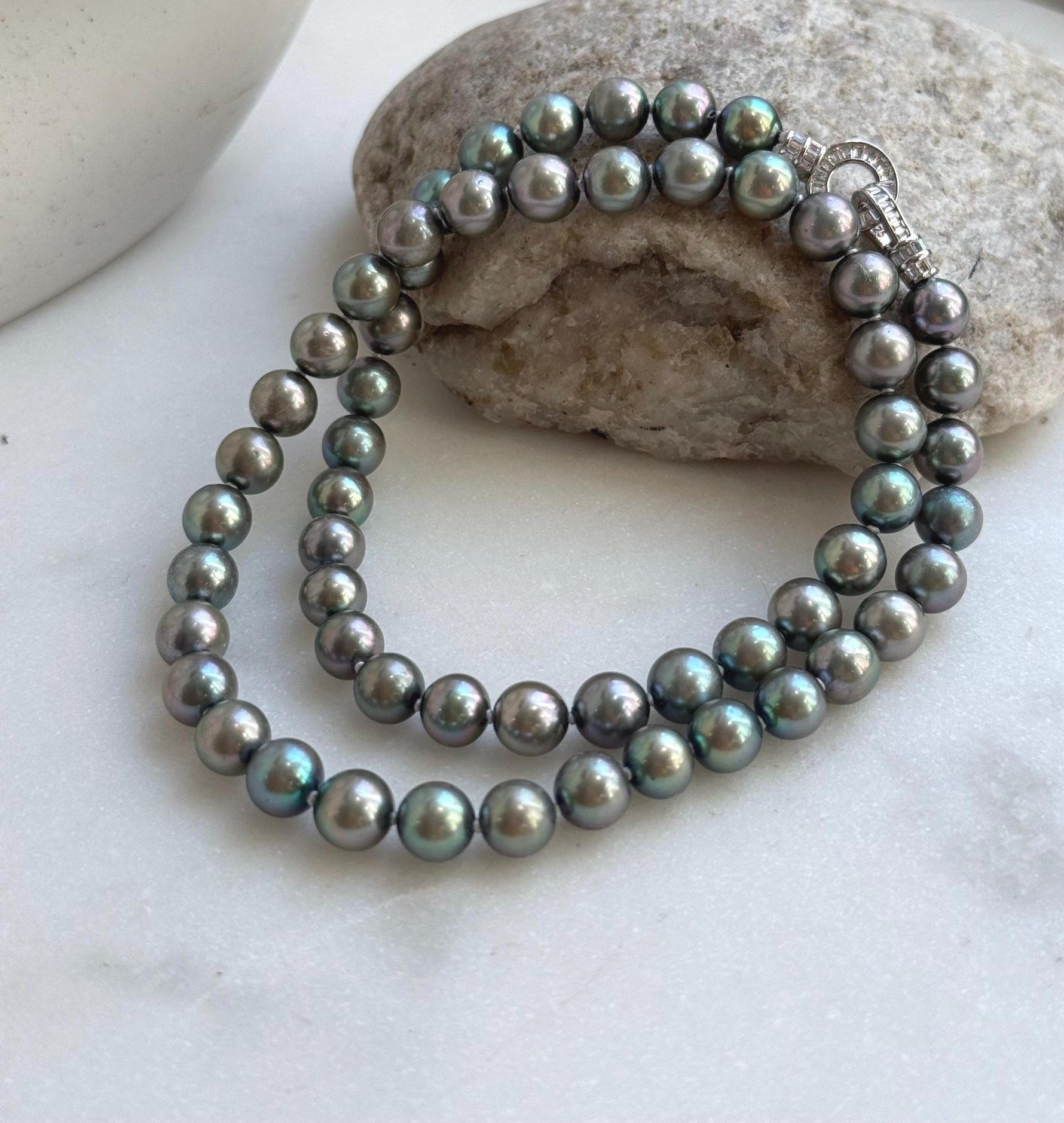 Elly’s 7-7.5mm 57pcs Akoya peacock green ocean pearls necklace:Extreme luster mirrored, knotted, 18.1”, S925 silver necklace strand. gift for her