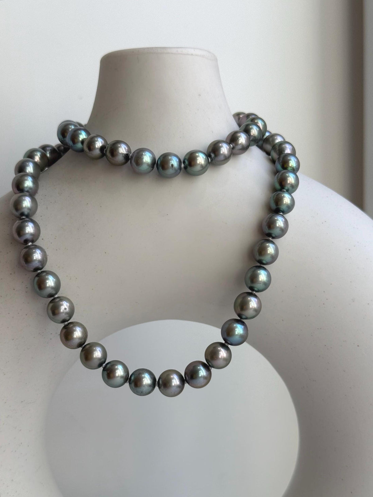 Elly’s 7-7.5mm 57pcs Akoya peacock green ocean pearls necklace:Extreme luster mirrored, knotted, 18.1”, S925 silver necklace strand. gift for her
