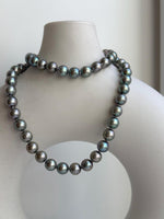 Elly’s 7-7.5mm 57pcs Akoya peacock green ocean pearls necklace:Extreme luster mirrored, knotted, 18.1”, S925 silver necklace strand. gift for her