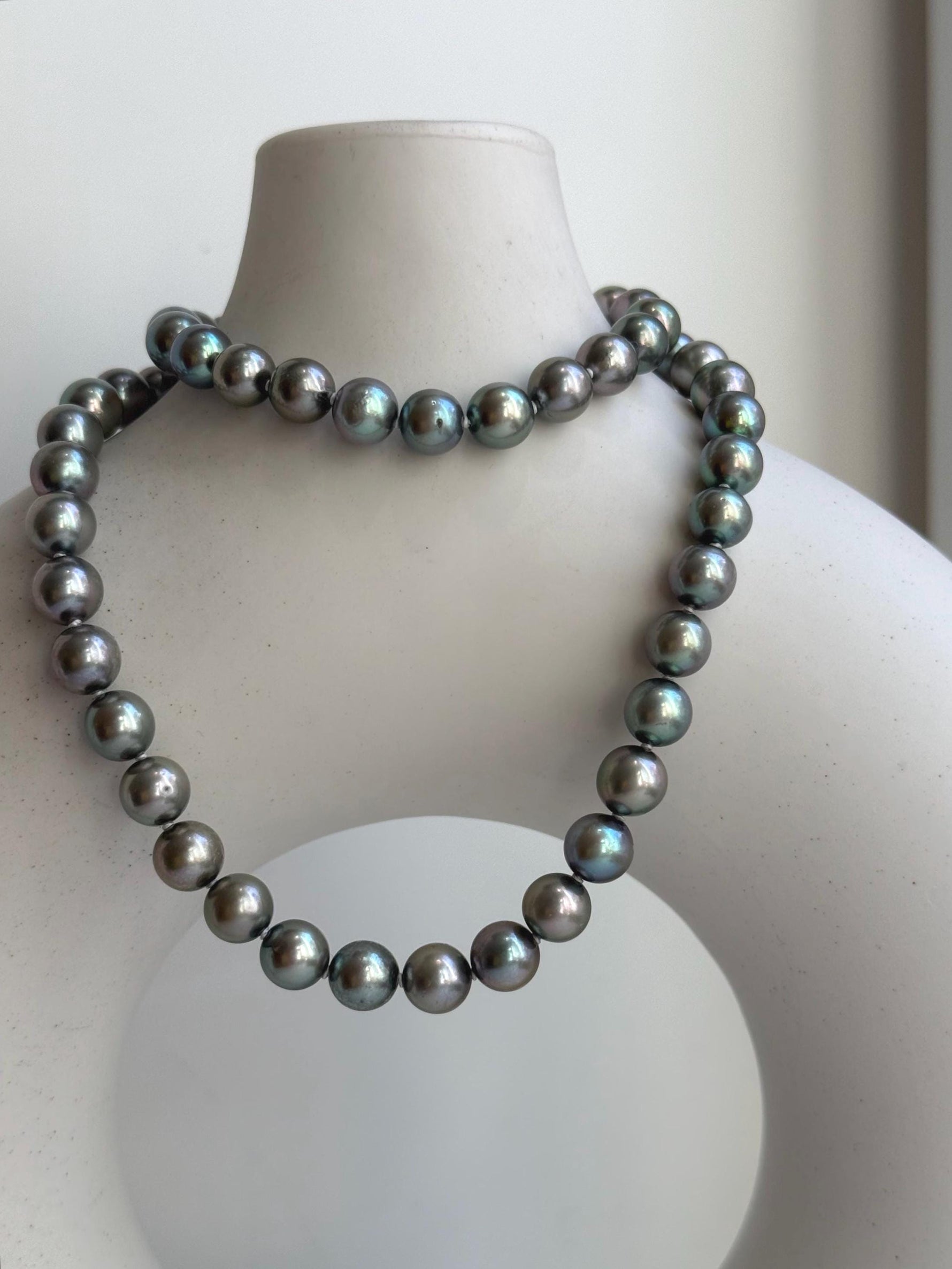 Elly’s 7-7.5mm 57pcs Akoya peacock green ocean pearls necklace:Extreme luster mirrored, knotted, 18.1”, S925 silver necklace strand. gift for her