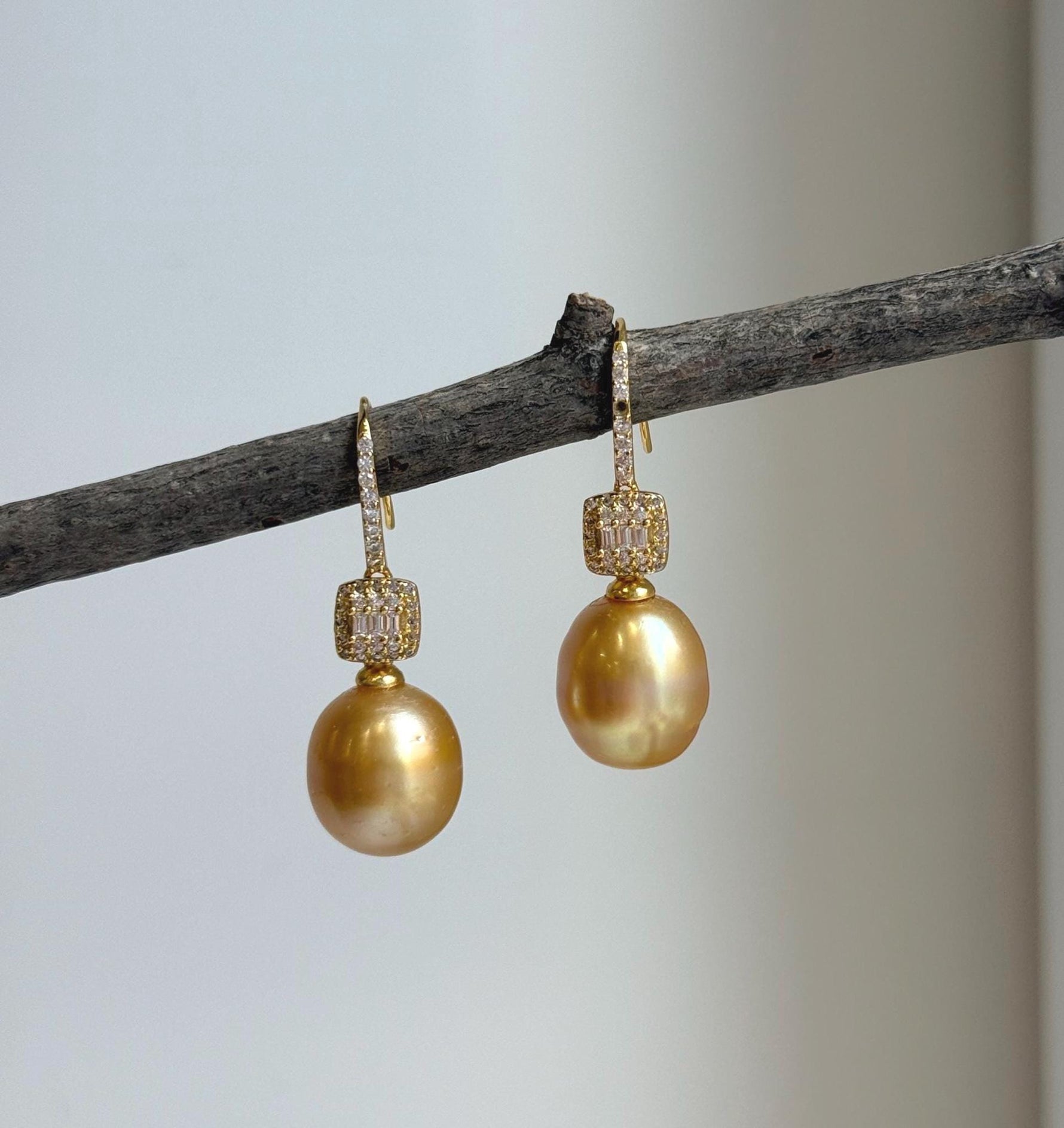 Elly’s 11.3mm South sea deep golden ocean Pearls Earrings hooks: Extreme luster mirrored, 3.3cm high, S925 silver earrings. gift for her birthday high quality golden pearl earrings