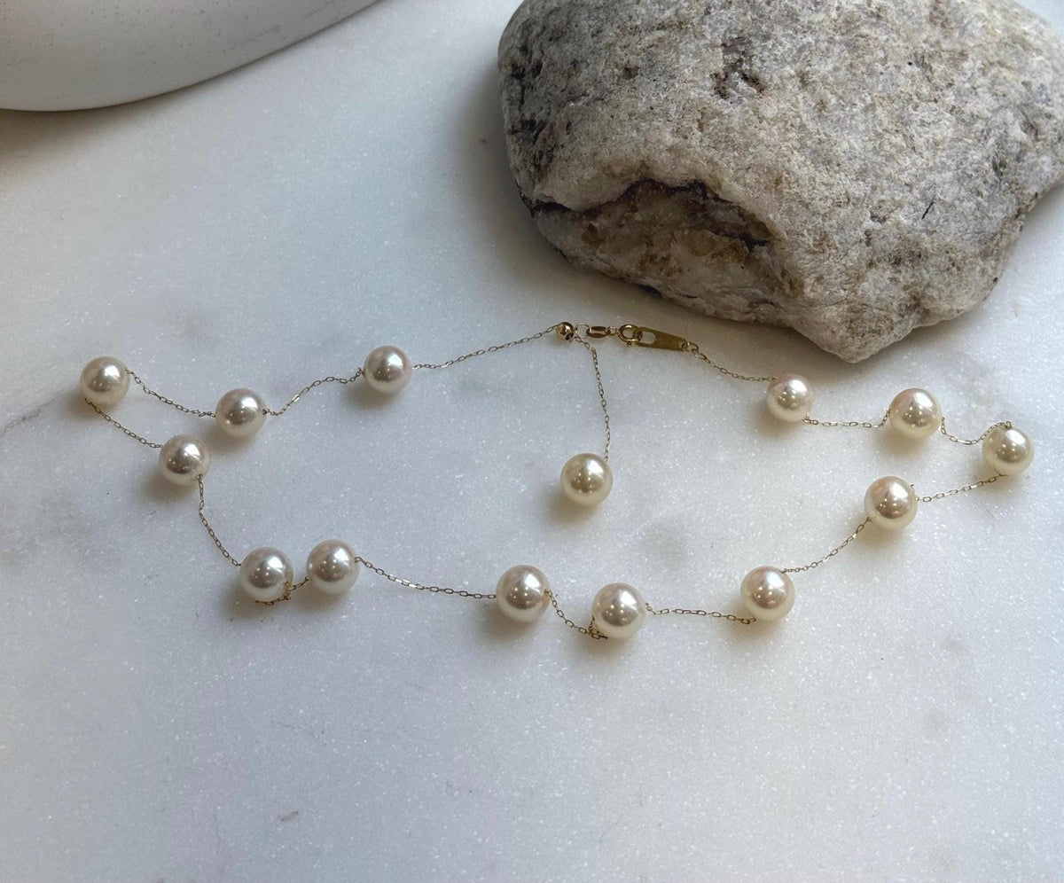 Elly’s Au750 18K Gold 14pcs, extreme luster Mirrored, Akoya Golden Ocean Pearls  vintage Satellite Necklace, 7.5-8mm, 17.7”. gift for her high quality pearls 18k real gold necklace