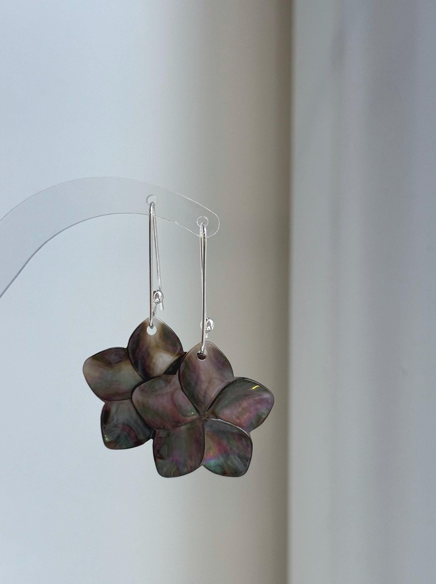 Natural Black Metallic Iridescent ocean Shell S925 silver vintage cool floral earring hooks. 3x5cm high