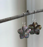 Natural Black Metallic Iridescent ocean Shell S925 silver vintage cool floral earring hooks. 3x5cm high