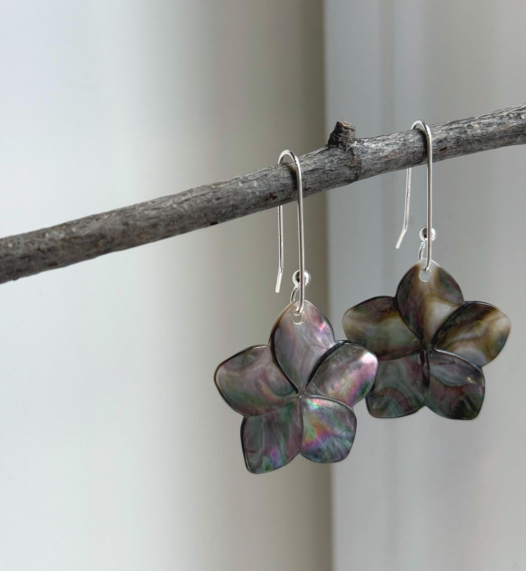 Natural Black Metallic Iridescent ocean Shell S925 silver vintage cool floral earring hooks. 3x5cm high