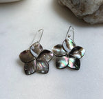 Natural Black Metallic Iridescent ocean Shell S925 silver vintage cool floral earring hooks. 3x5cm high