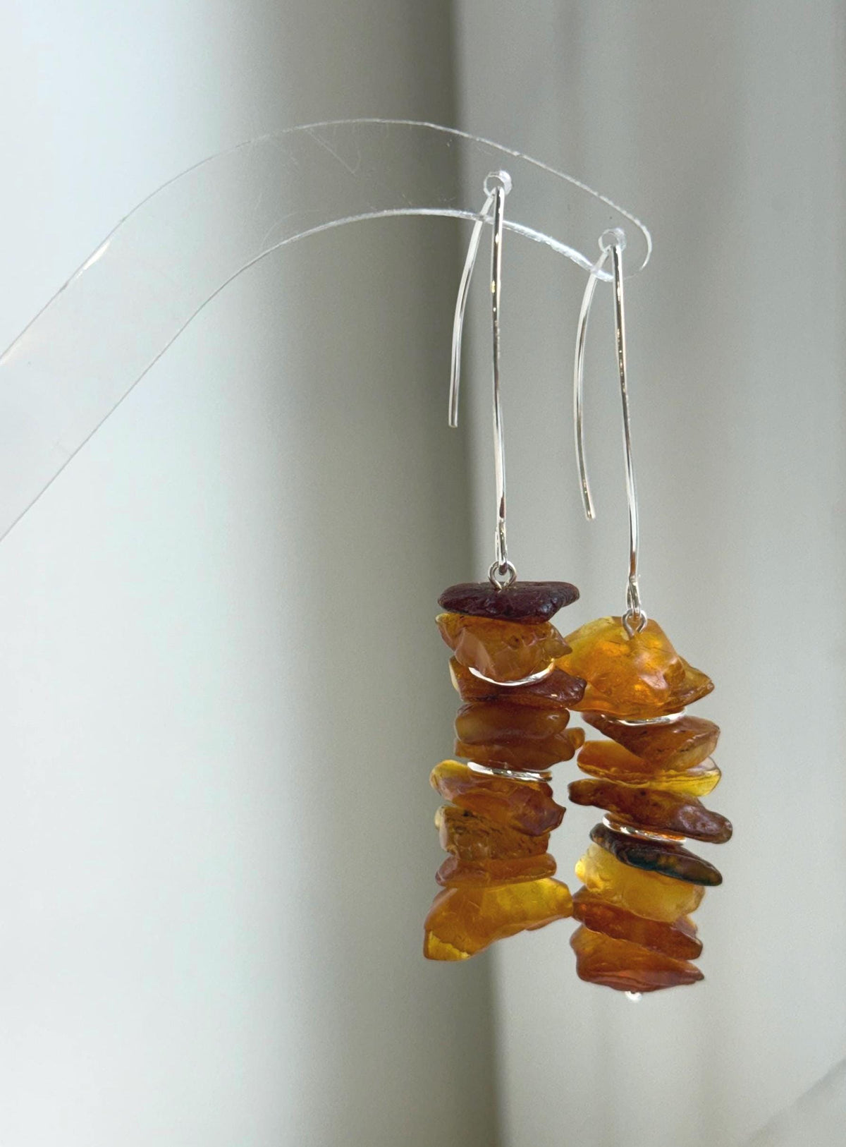 Elly’s Natural Amber Earring Chandeliers, Vintage design, 7cm high. S925 silver earrings. fancy cool earrings chandeliers for holiday
