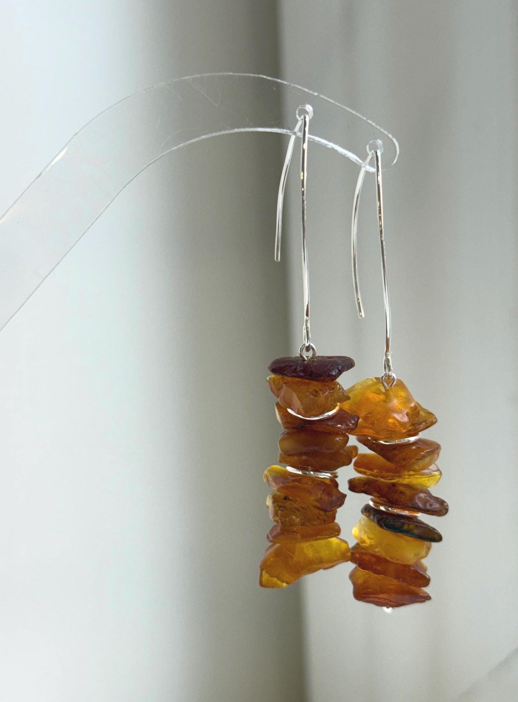 Elly’s Natural Amber Earring Chandeliers, Vintage design, 7cm high. S925 silver earrings. fancy cool earrings chandeliers for holiday