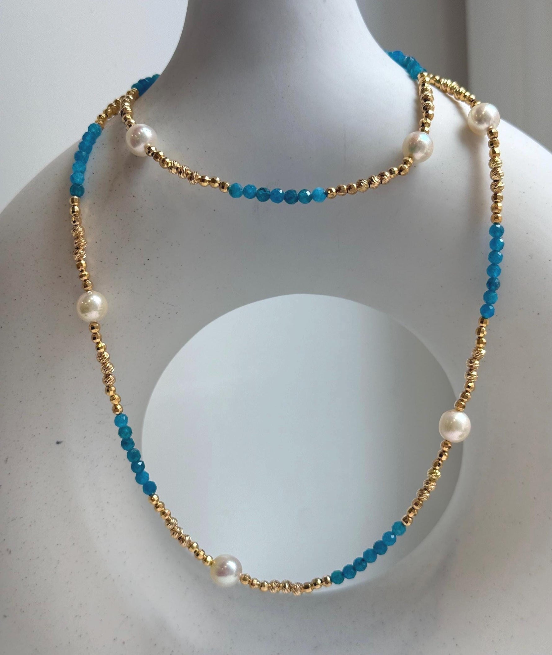 Elly’s 7pcs 6.7-7mm Akoya Golden ocean pearls Designed Necklace: Extreme luster mirrored, to 24” long, S925 silver Blue Apatite Necklace.