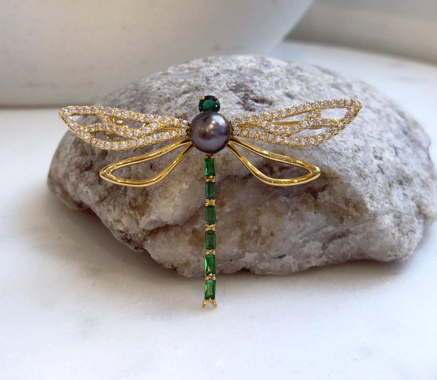 Elly’s Tahitian peacock Ocean Pearl dragonfly Brooch pendant 2in1: Extreme luster mirrored, 8.6mm, 6.2x4.4cm, gift for her