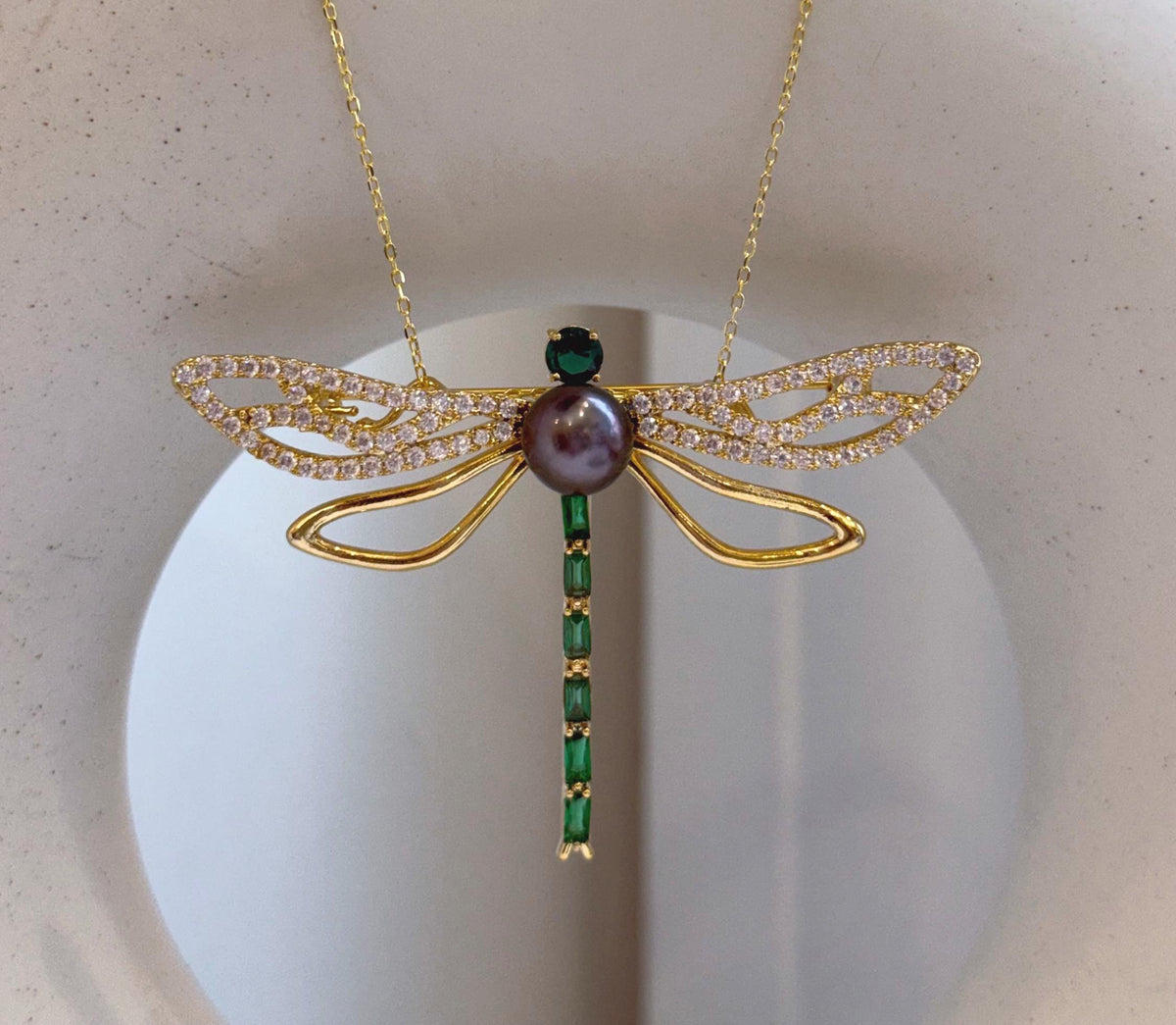Elly’s Tahitian peacock purple Ocean Pearl dragonfly Brooch pendant 2in1: Extreme luster mirrored, 8.6mm, 6.2x4.4cm, gift for her anniversary